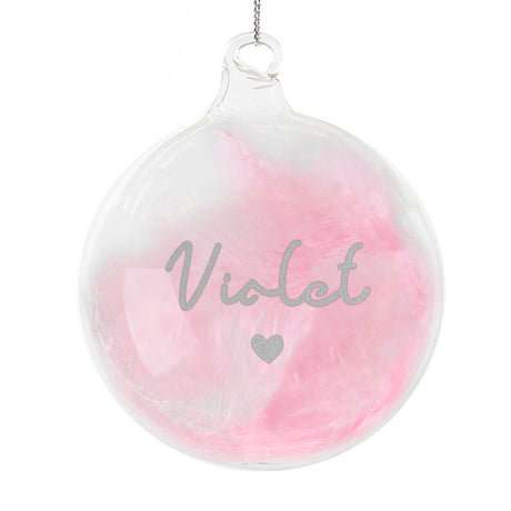 Personalised Pink Feather Silver Name Glass Baubles: 6 - Christmas Baubles By Gift Moments