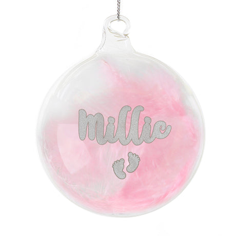 Personalised Pink Feather Silver Name Glass Baubles: 8 - Christmas Baubles By Gift Moments