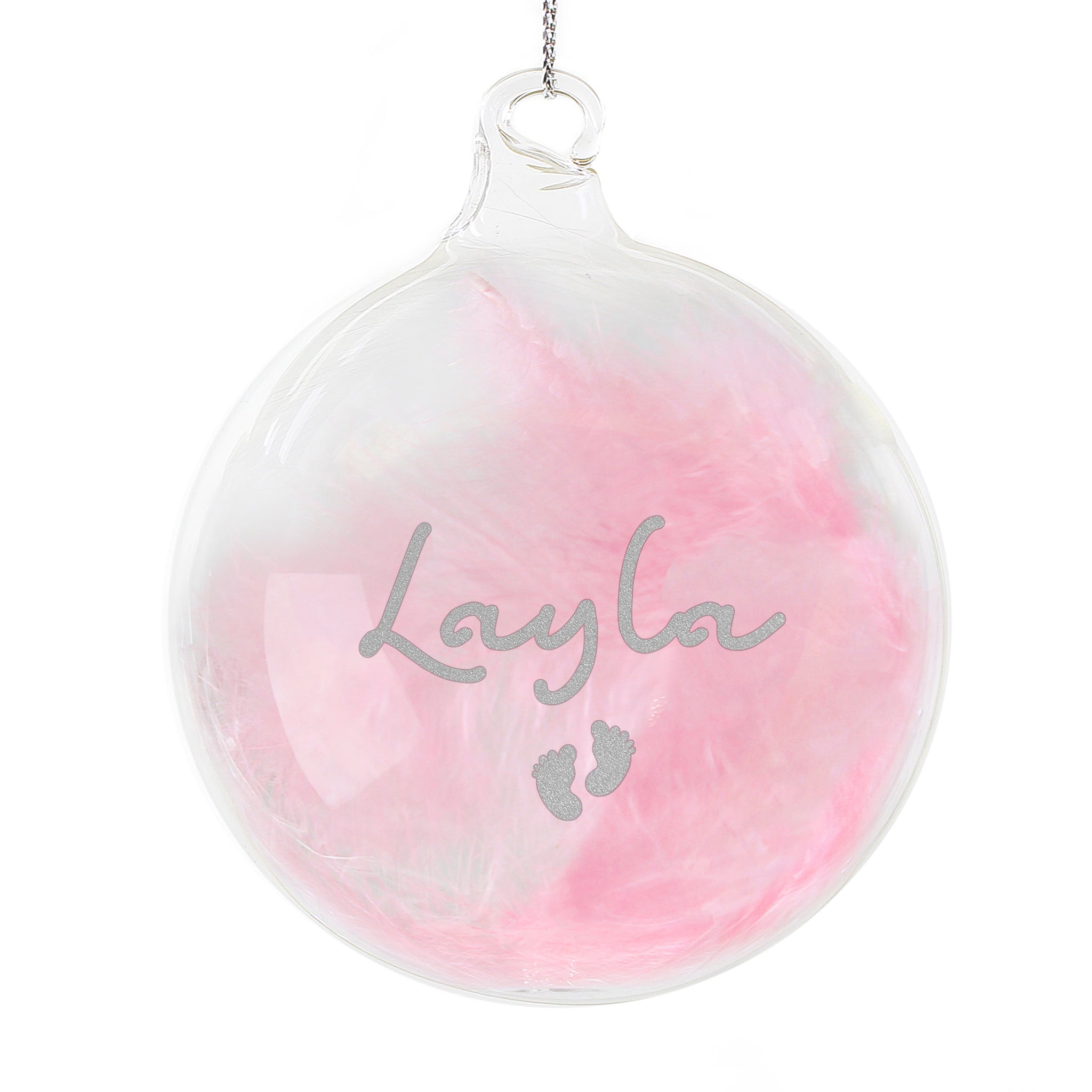 Personalised Pink Feather Silver Name Glass Baubles: 5 - Christmas Baubles By Gift Moments
