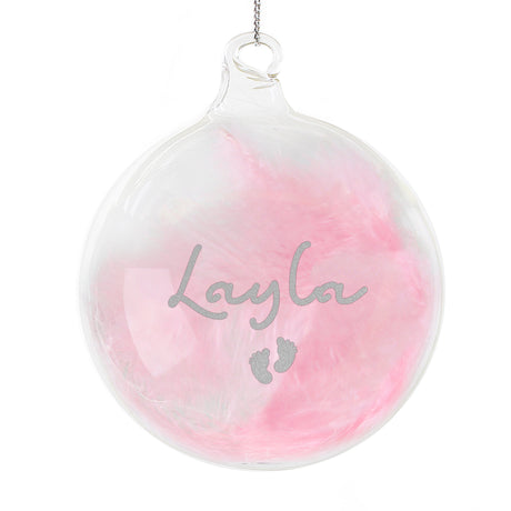 Personalised Pink Feather Silver Name Glass Baubles: 5 - Christmas Baubles By Gift Moments