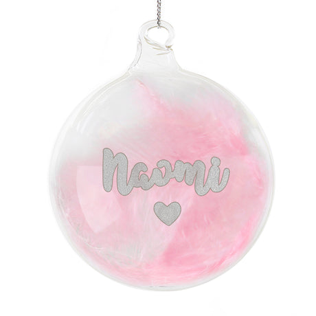 Personalised Pink Feather Silver Name Glass Baubles: 7 - Christmas Baubles By Gift Moments