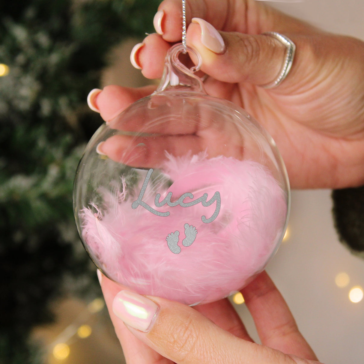 Personalised Pink Feather Silver Name Glass Baubles - Footprints - Shop Christmas Baubles At Gift Moments - 4