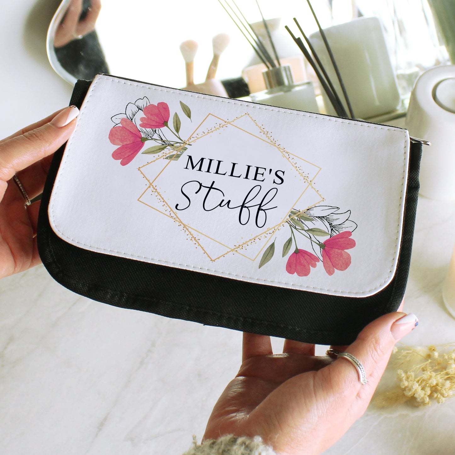 Personalised Pink Floral Make Up Bag: 1 - Toiletry & Makeup Bags By Gift Moments