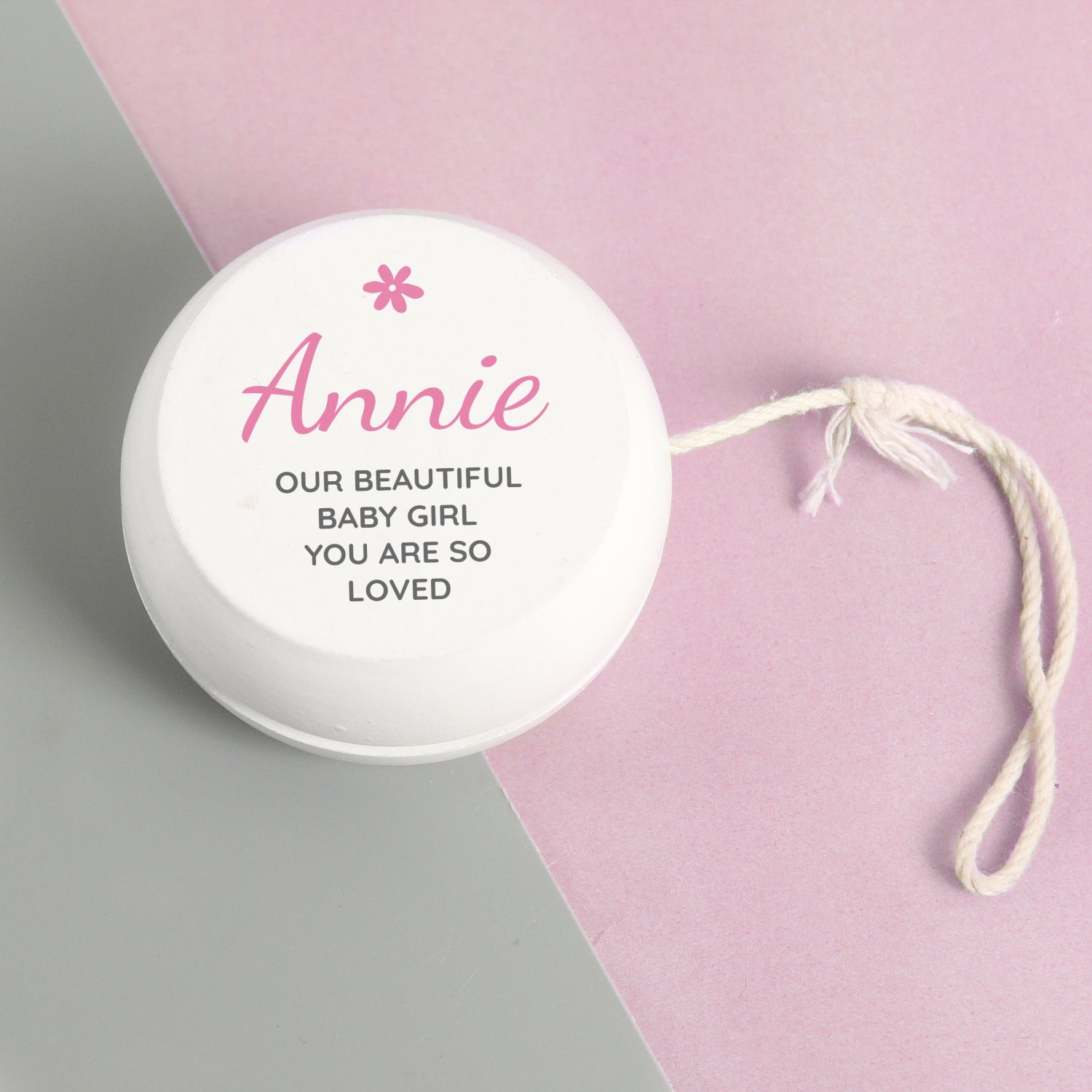 Personalised Pink Flower White Wooden Yoyo: 1 - Toys By Gift Moments