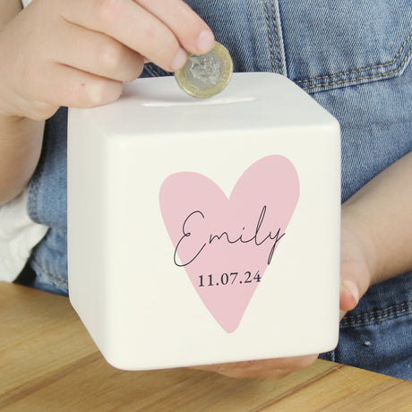 Personalised Pink Heart Ceramic Square Money Box: 4 - Money Boxes By Gift Moments