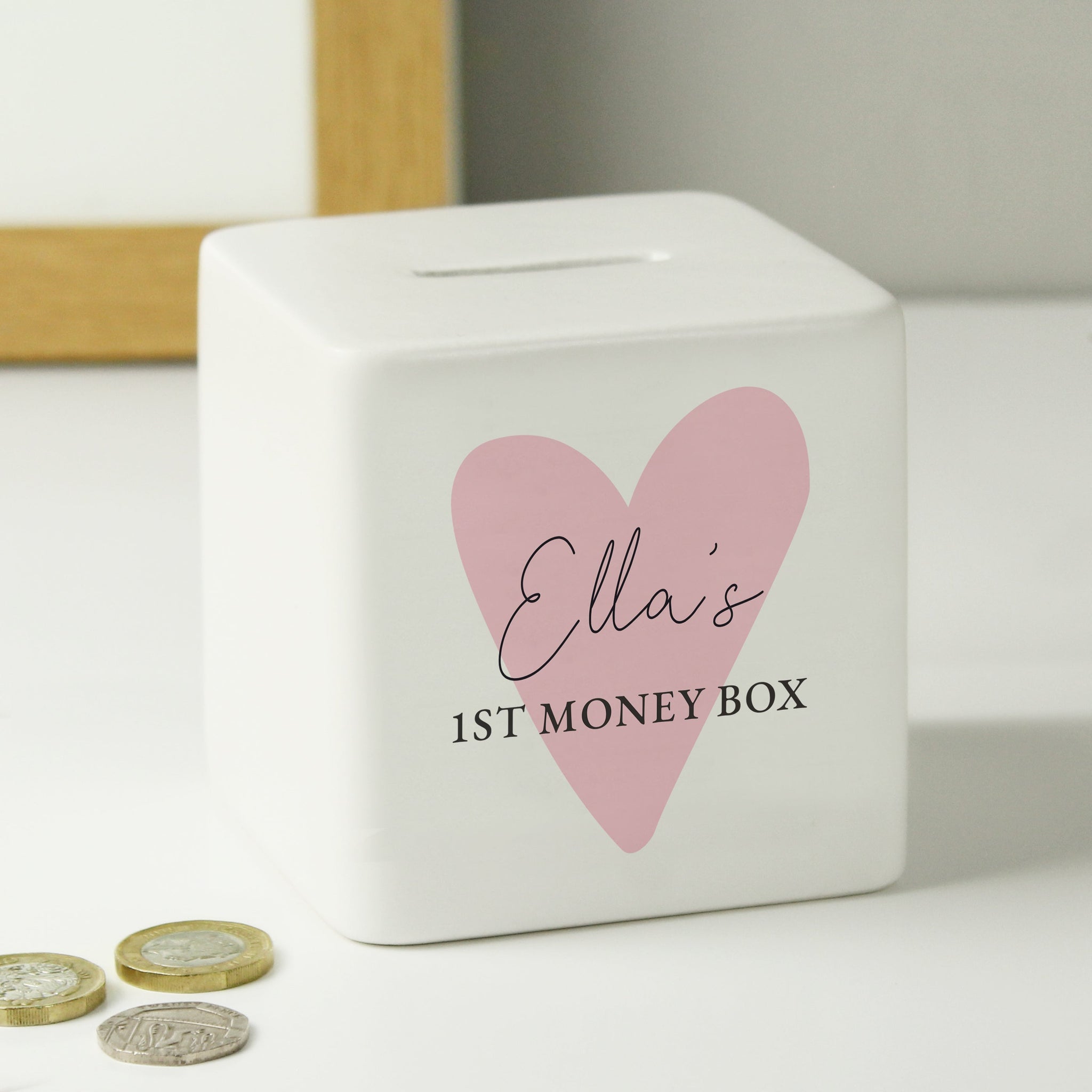 Personalised Pink Heart Ceramic Square Money Box: 3 - Money Boxes By Gift Moments