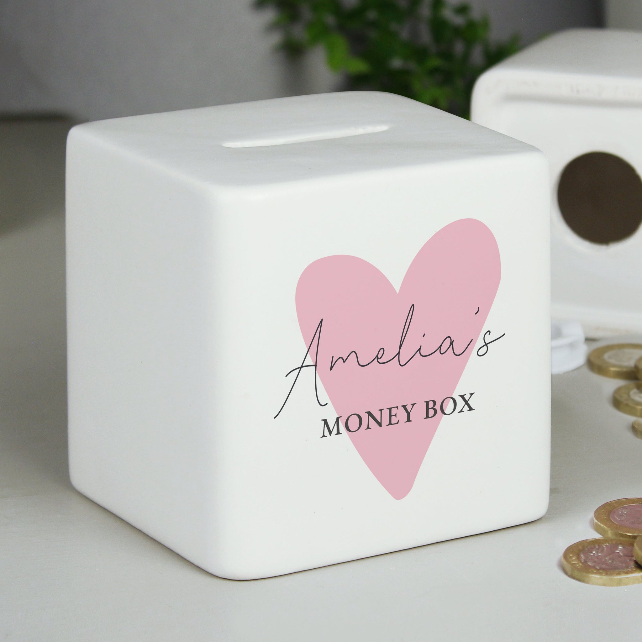 Personalised Pink Heart Ceramic Square Money Box: 6 - Money Boxes By Gift Moments