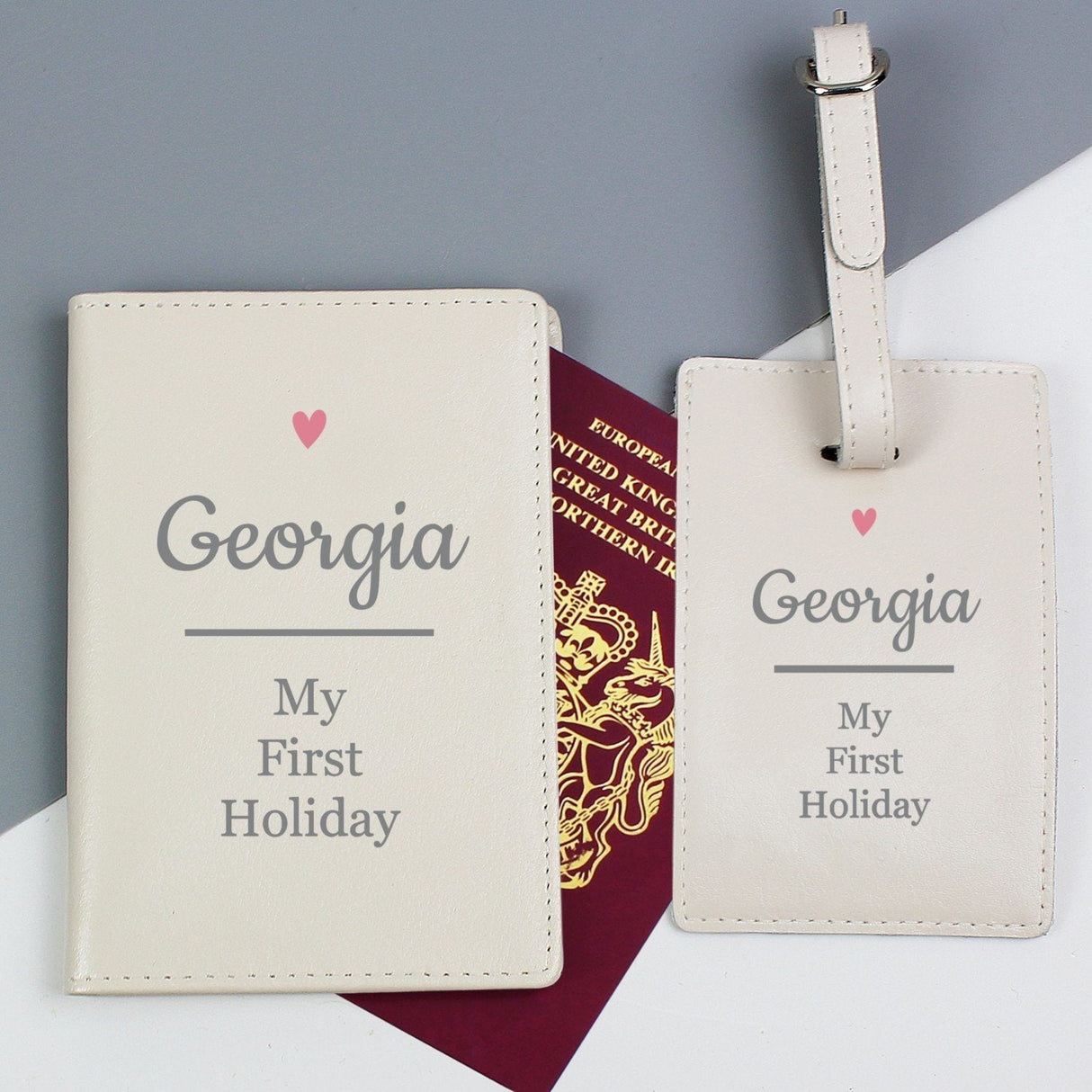 Personalised Pink Heart Cream Passport Holder & Luggage Tag Set: 3 - Passport Holders By Gift Moments