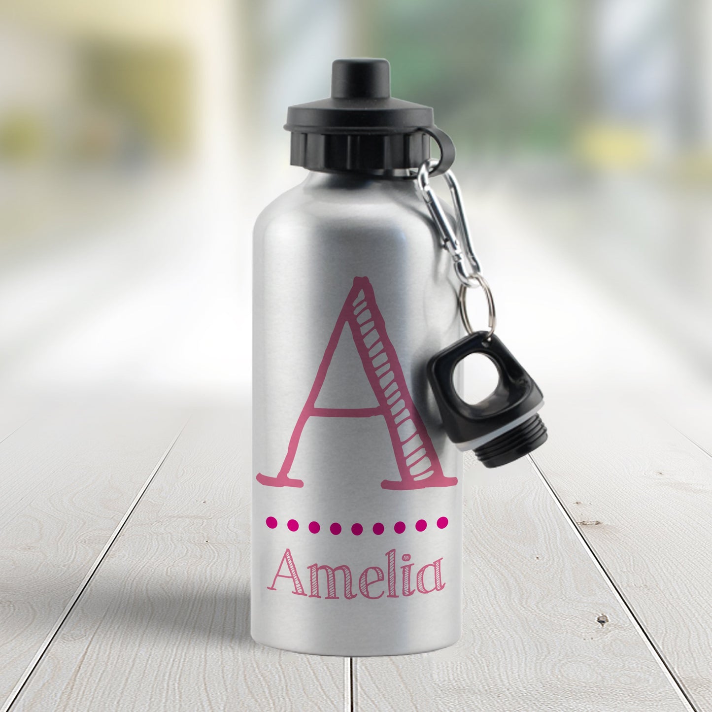 Personalised Pink Name Silver Drinks Bottle: 2 - Kids Bottles By Gift Moments
