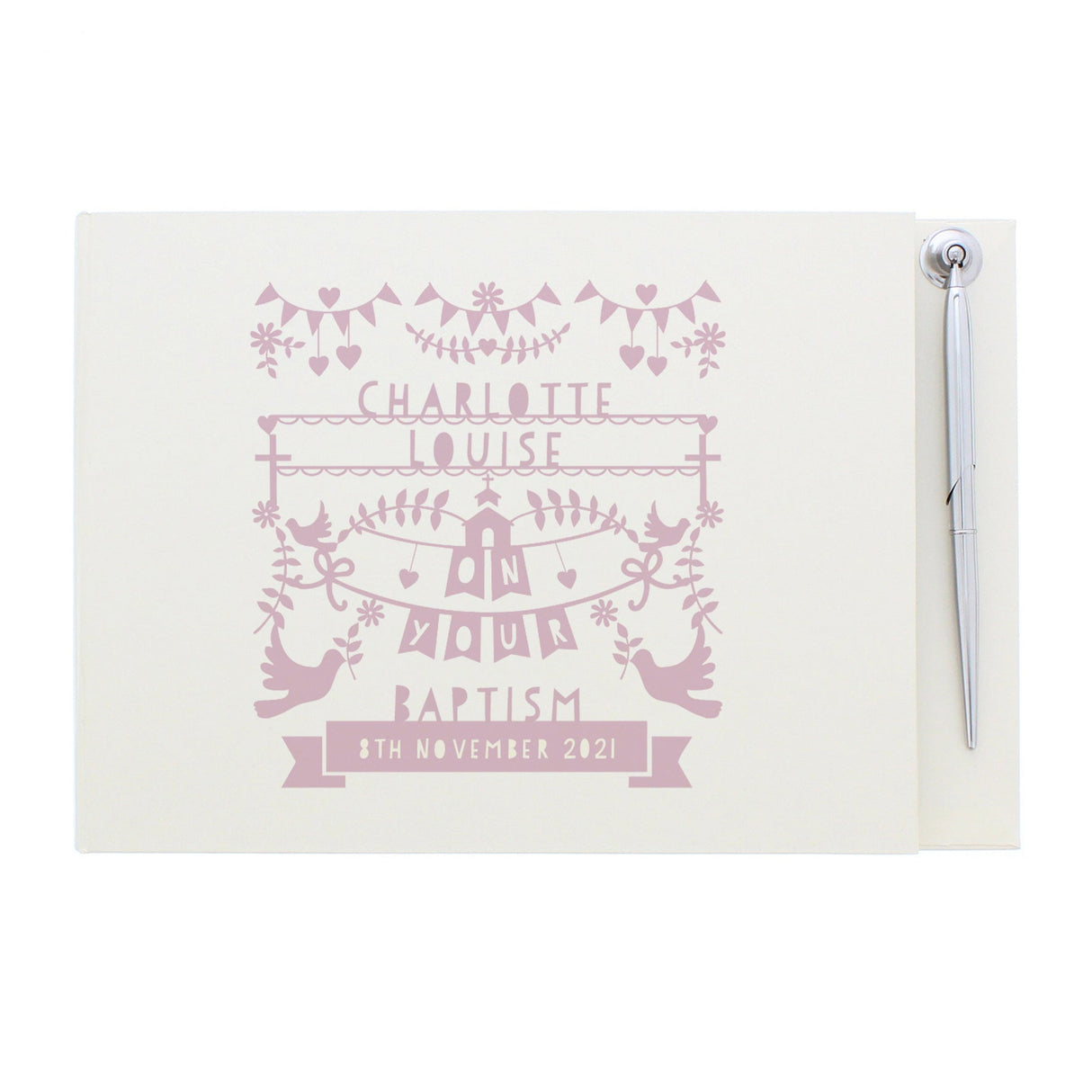 Personalised Pink Papercut Style Hardback Guest Book & Pen: 2 - Guest Books By Gift Moments