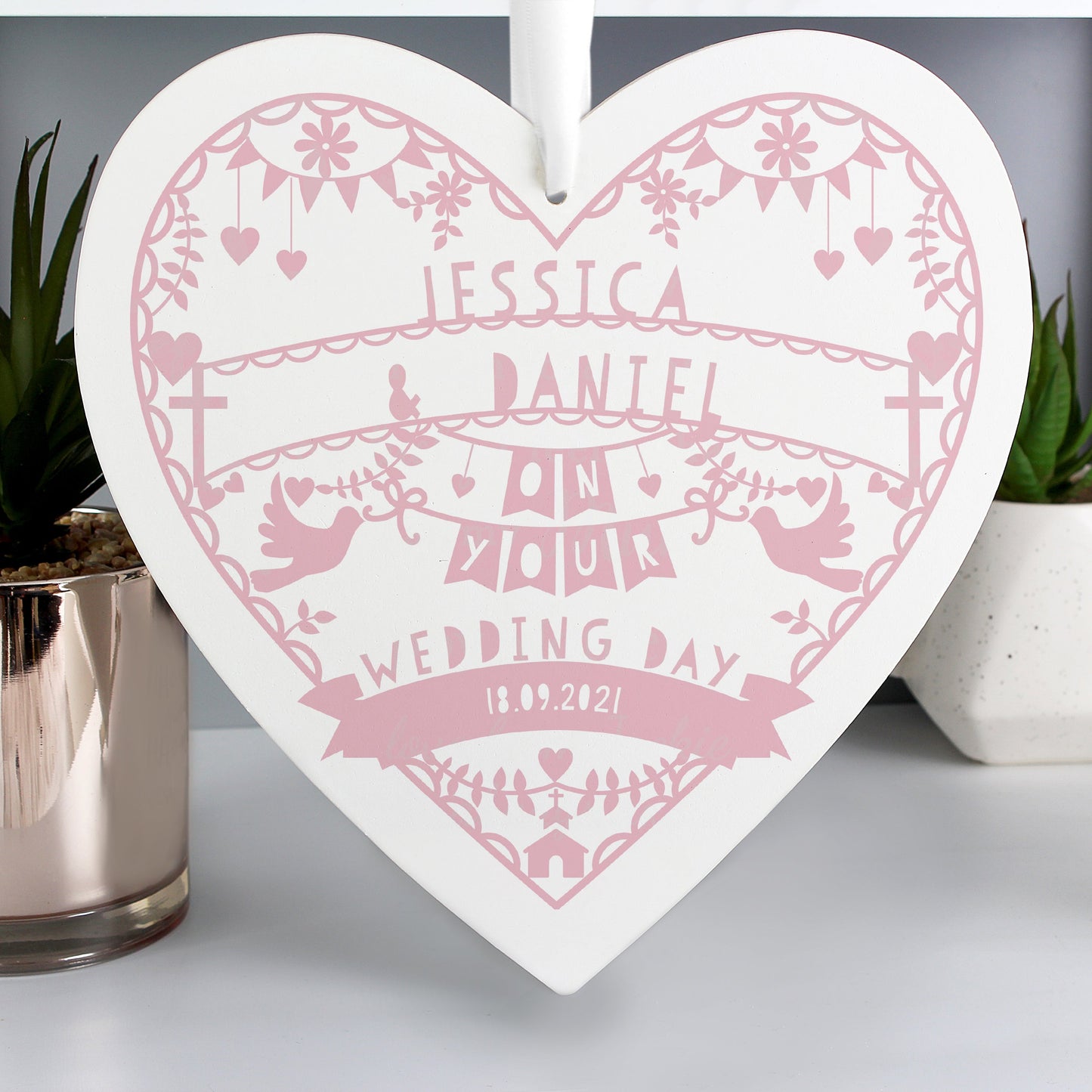 Personalised Pink Papercut Style Large Wooden Heart: 3 - Decorations By Gift Moments