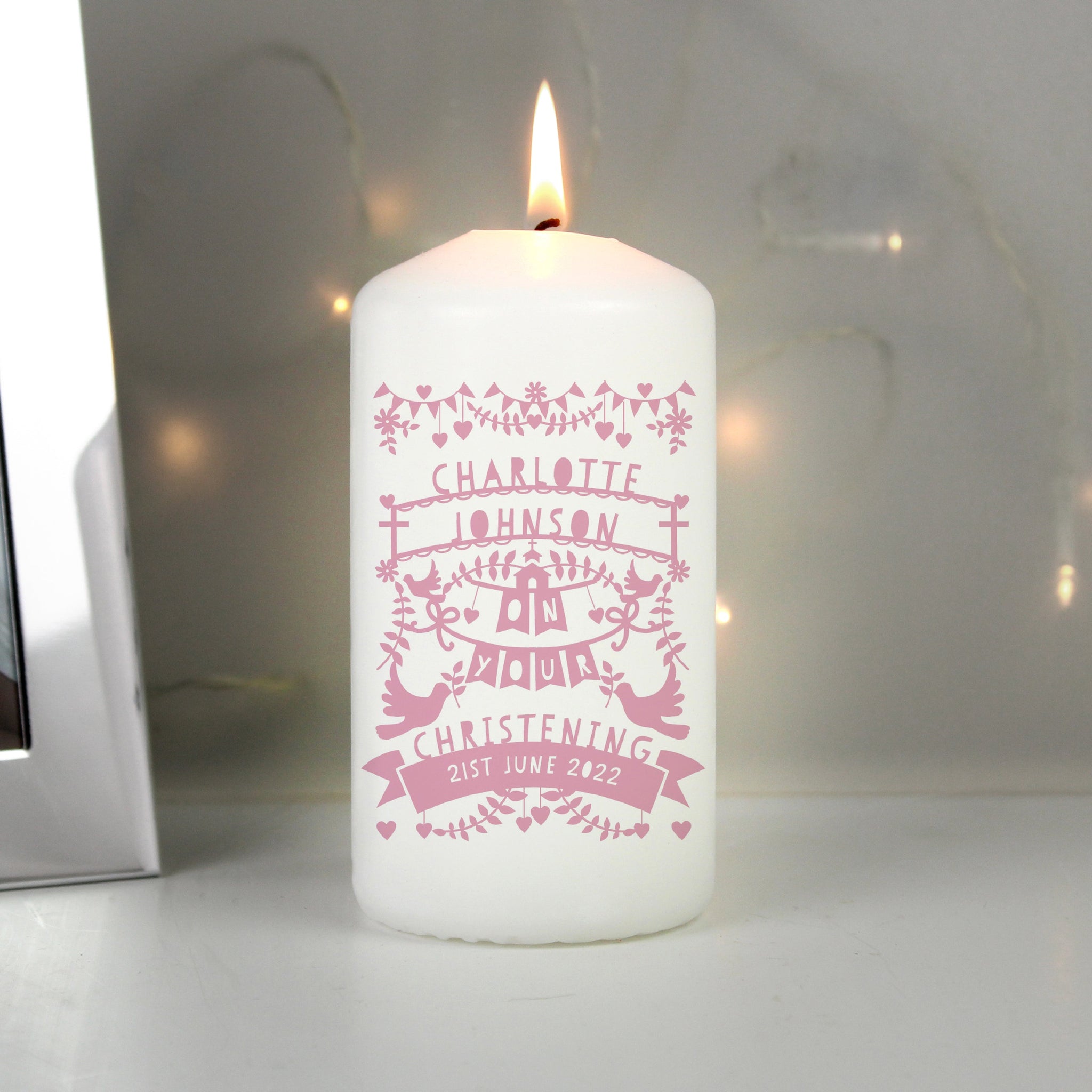 Personalised Pink Papercut Style Pillar Candle: 4 - Candles By Gift Moments