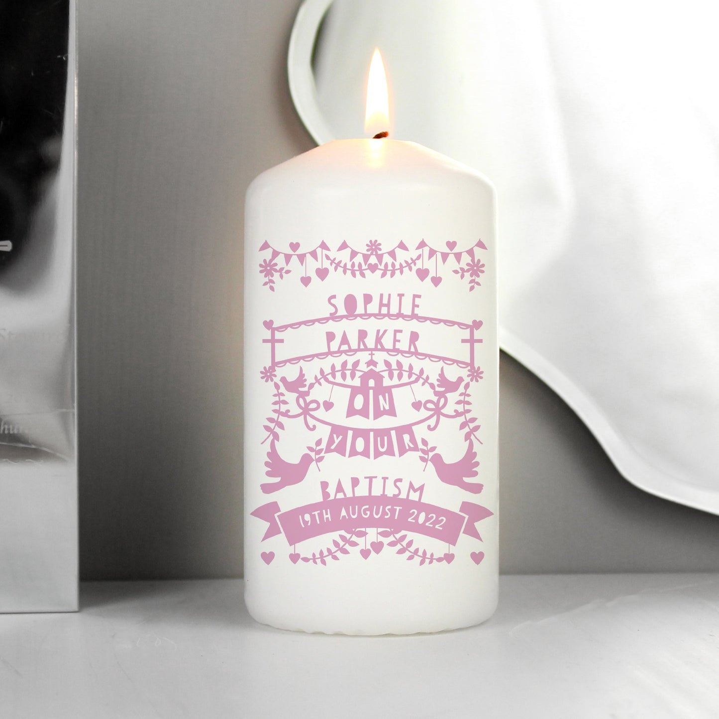 Personalised Pink Papercut Style Pillar Candle: 6 - Candles By Gift Moments
