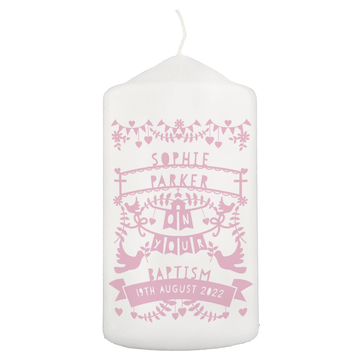 Personalised Pink Papercut Style Pillar Candle: 3 - Candles By Gift Moments