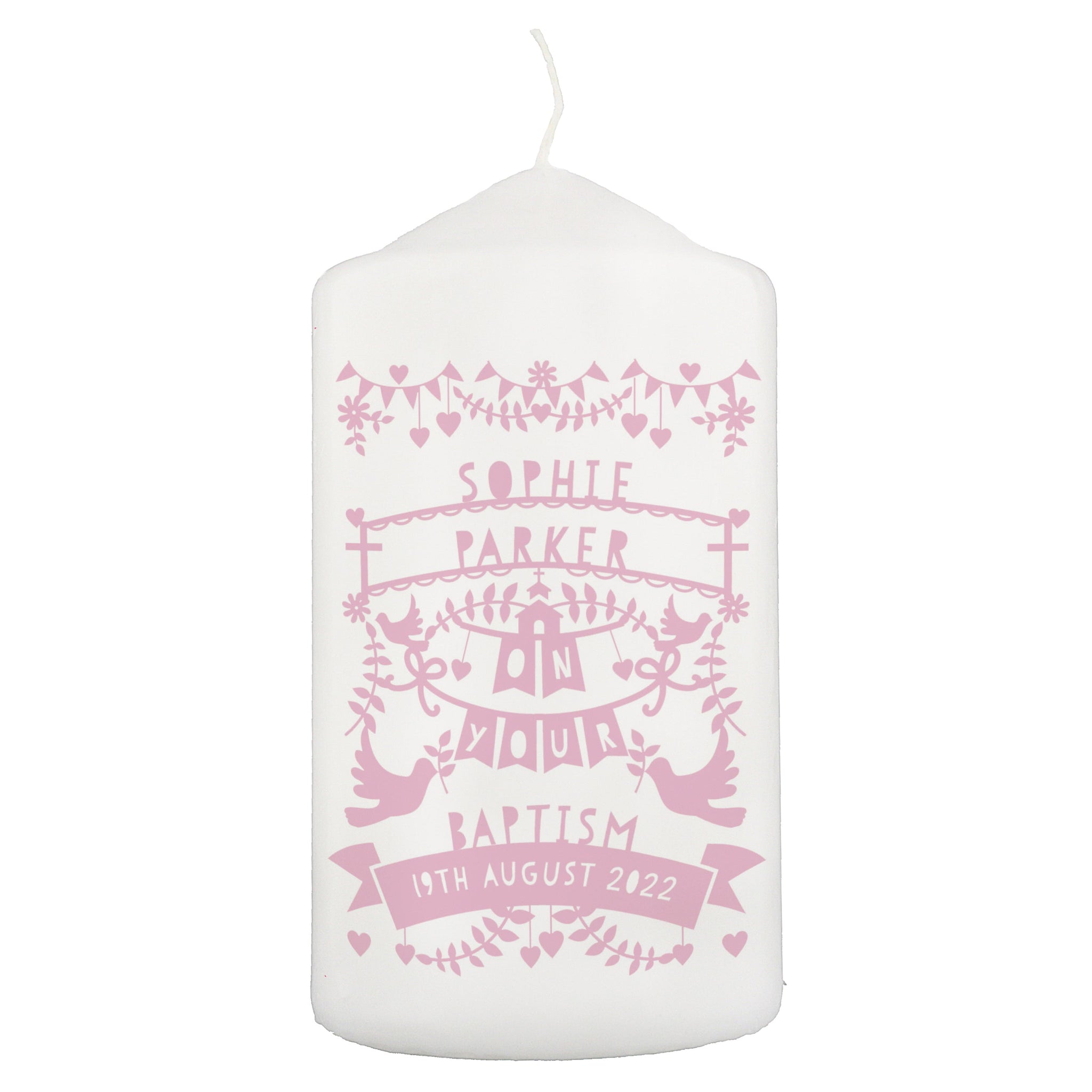 Personalised Pink Papercut Style Pillar Candle: 3 - Candles By Gift Moments