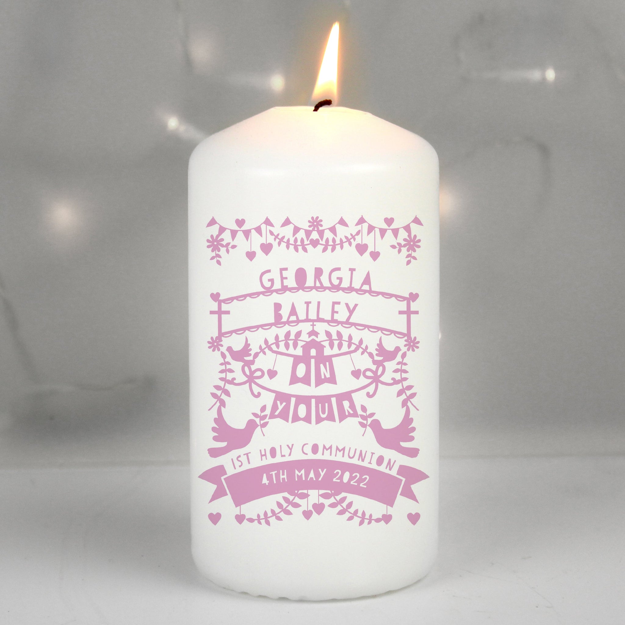 Personalised Pink Papercut Style Pillar Candle: 1 - Candles By Gift Moments