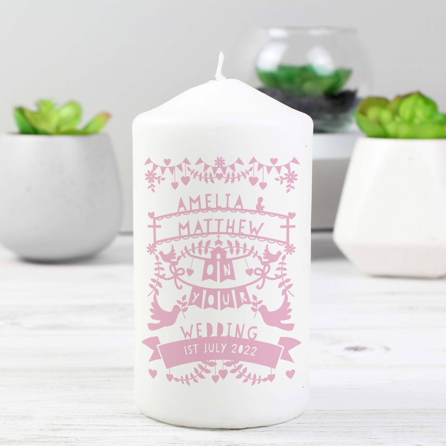 Personalised Pink Papercut Style Pillar Candle: 5 - Candles By Gift Moments