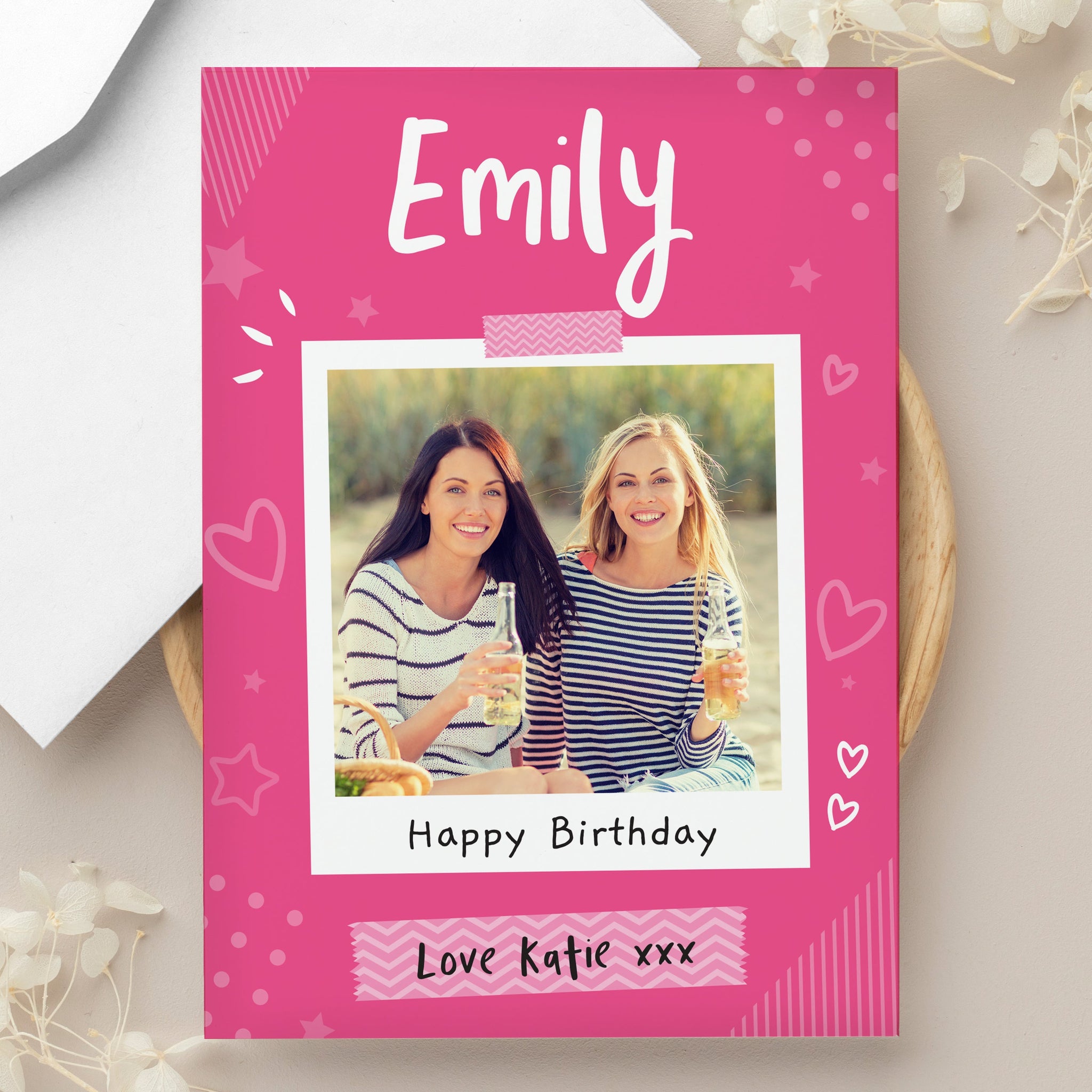 Personalised Pink Polaroid Wreath Photo Upload Card: 6 - Greeting Cards By Gift Moments