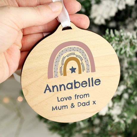 Personalised Pink Rainbow Round Wooden Decoration: 2 - Decorations By Gift Moments