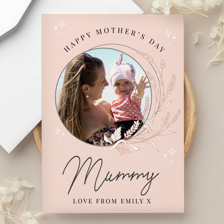 Personalised Pink Wreath Photo Upload Greeting Card: 3 - Greeting Cards By Gift Moments