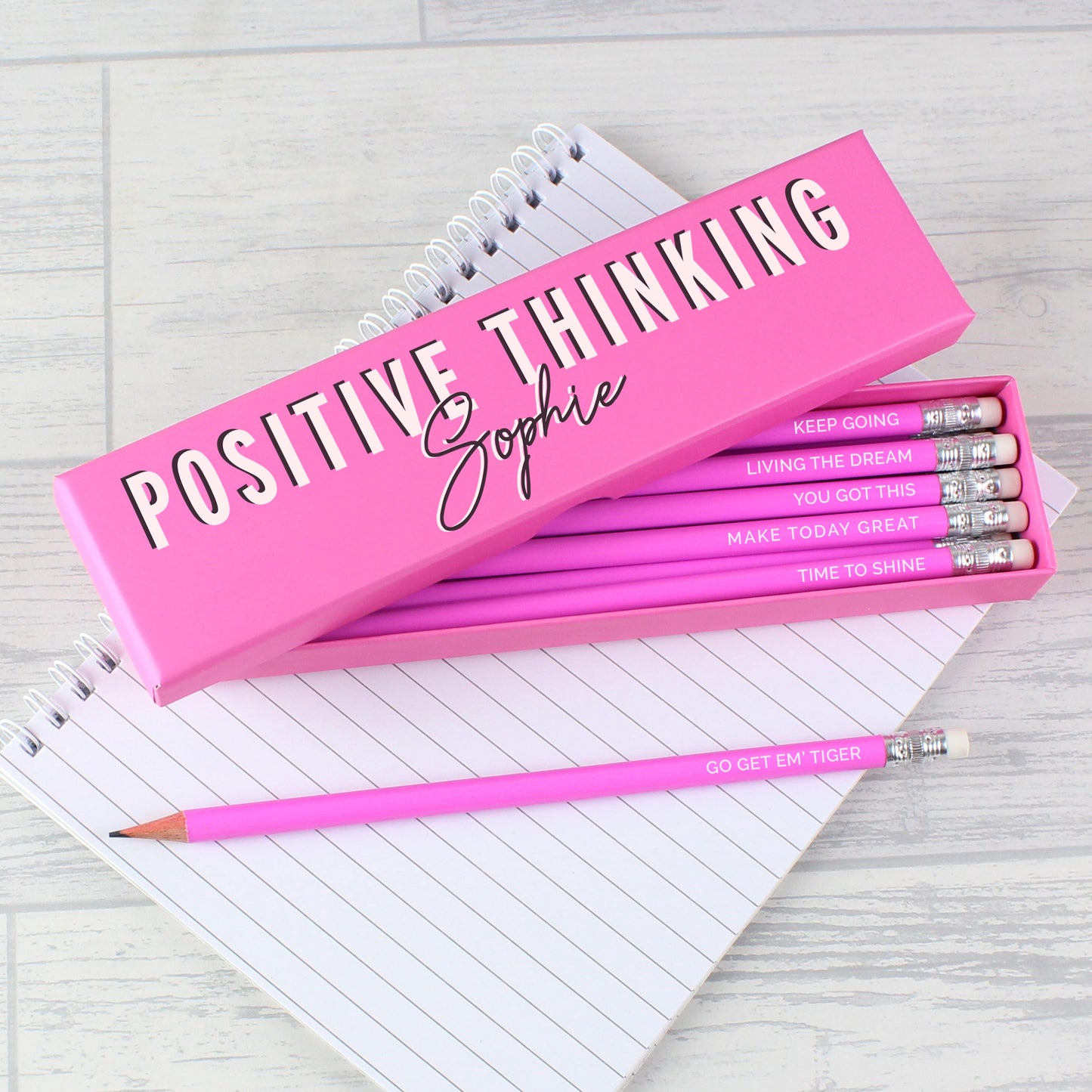 Personalised Positive Thinking Box and 12 Pink HB Pencils: 3 - Pens & Pencils By Gift Moments