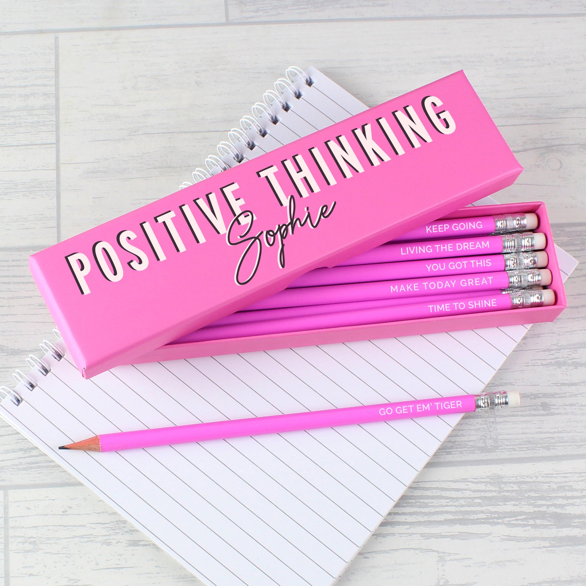 Personalised Positive Thinking Box and 12 Pink HB Pencils: 3 - Pens & Pencils By Gift Moments