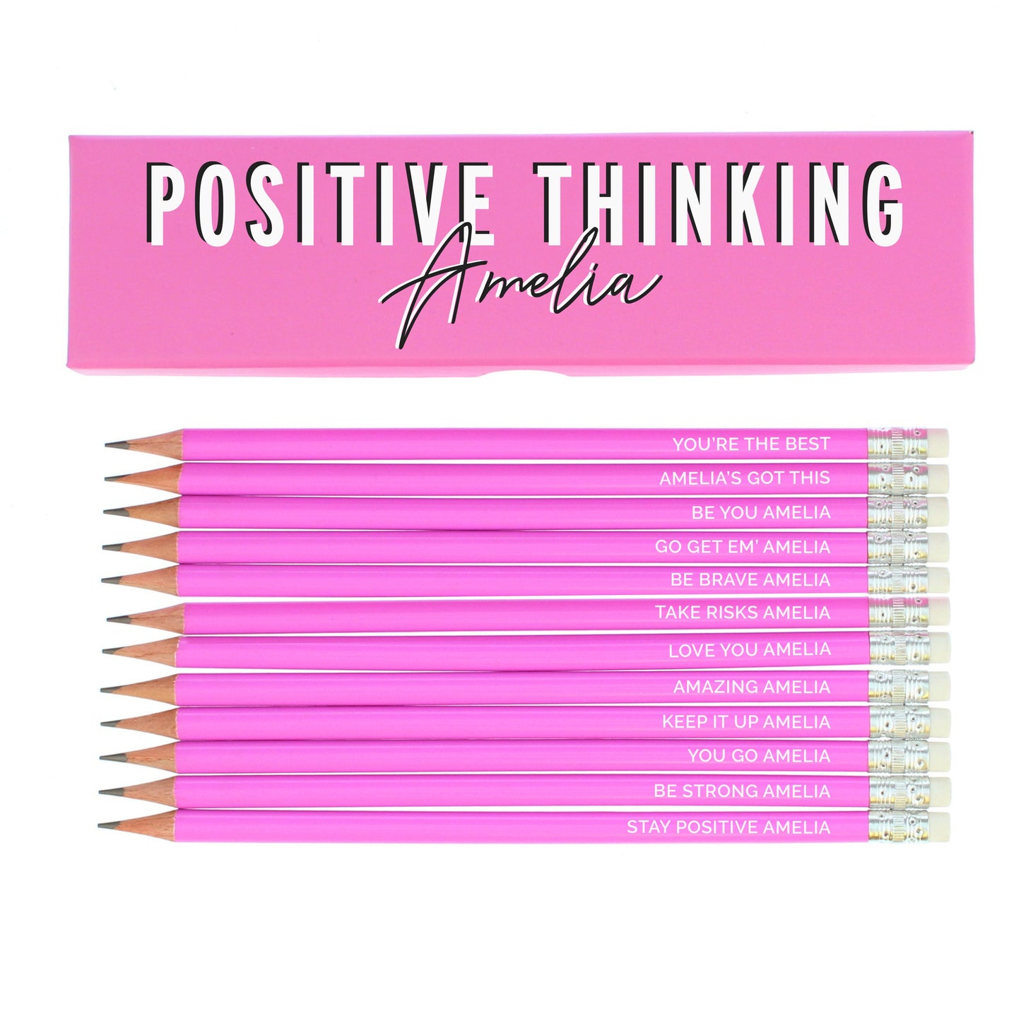 Personalised Positive Thinking Box and 12 Pink HB Pencils: 2 - Pens & Pencils By Gift Moments