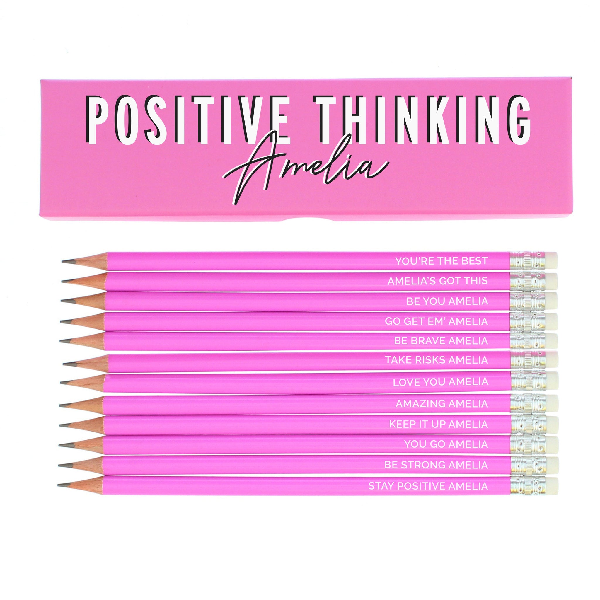 Personalised Positive Thinking Box and 12 Pink HB Pencils: 2 - Pens & Pencils By Gift Moments