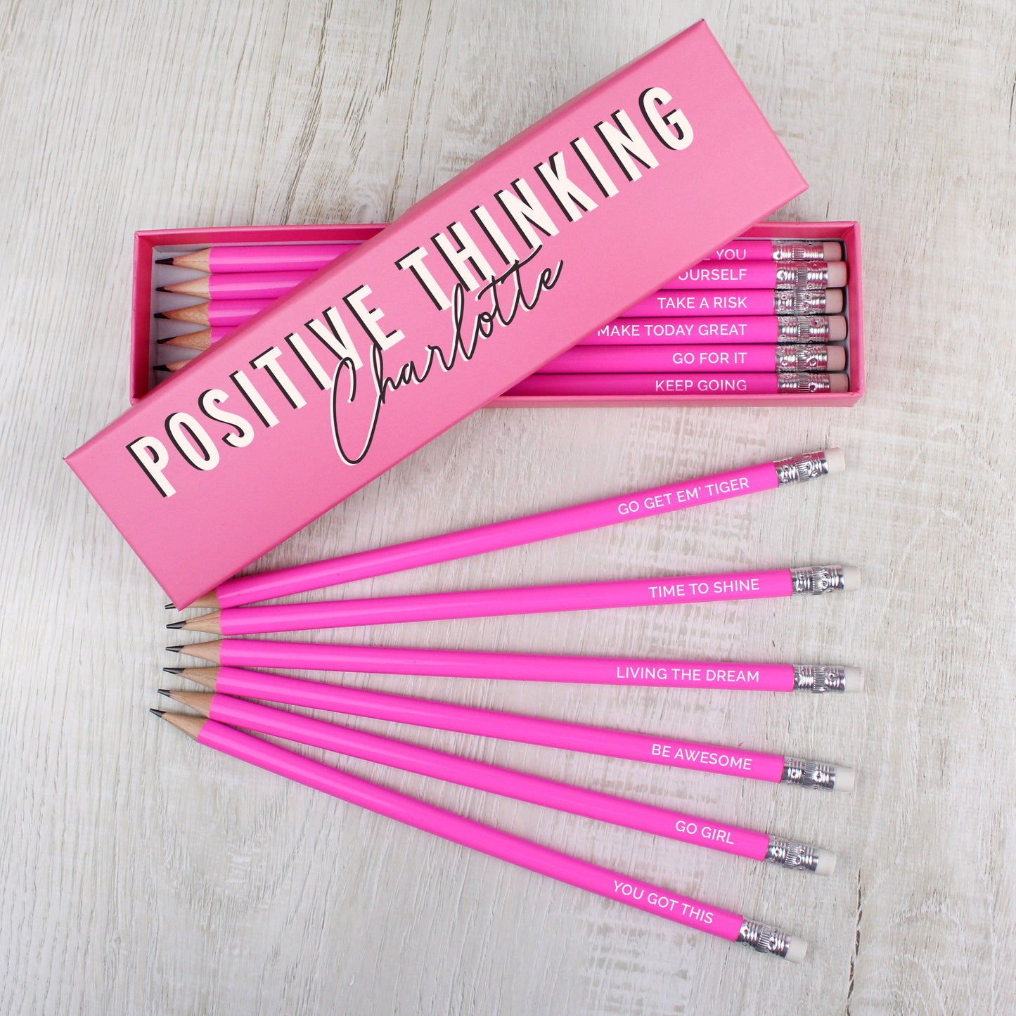 Personalised Positive Thinking Box and 12 Pink HB Pencils: 1 - Pens & Pencils By Gift Moments