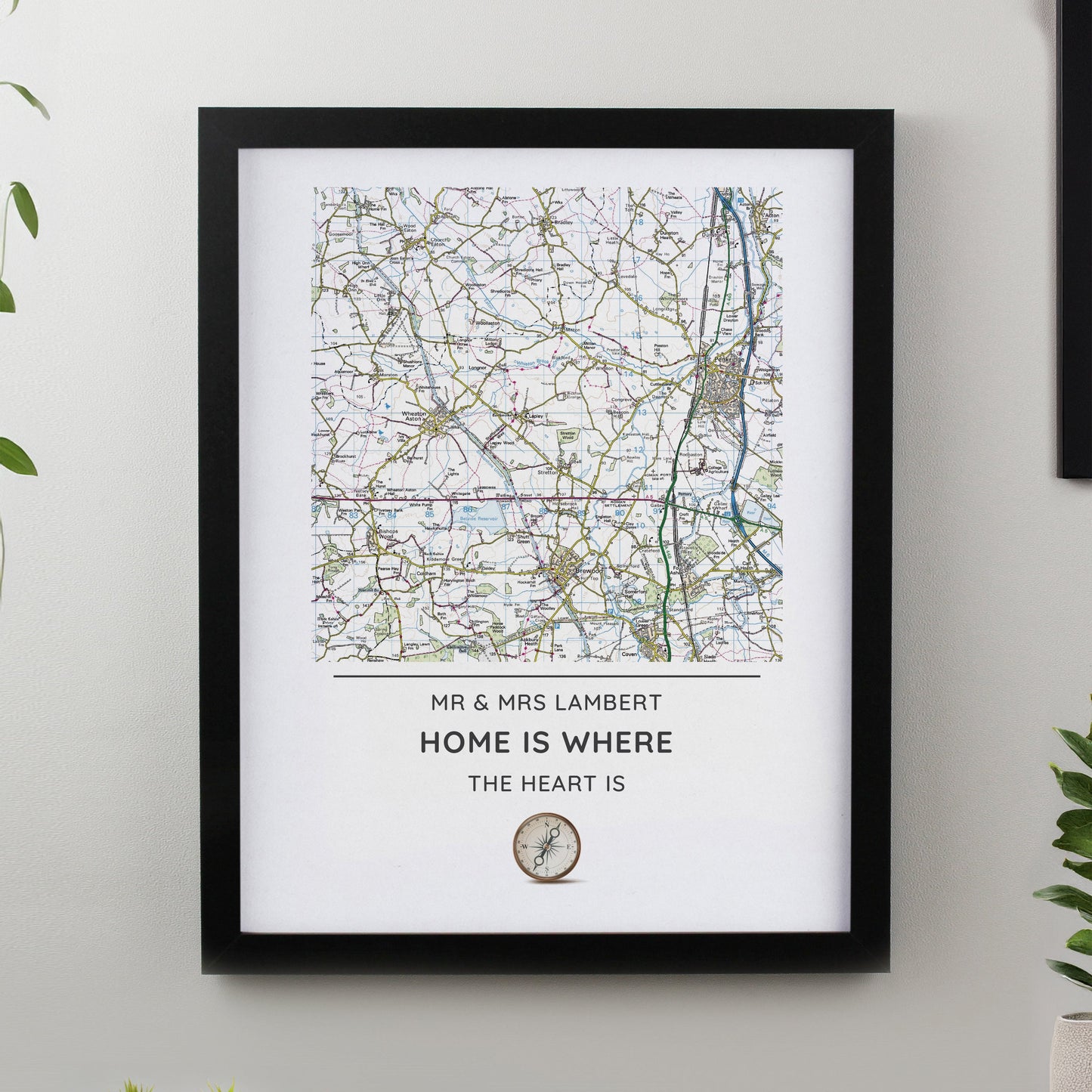 Personalised Present Day Map Compass Framed Prints: 2 - Black - Framed Prints By Gift Moments