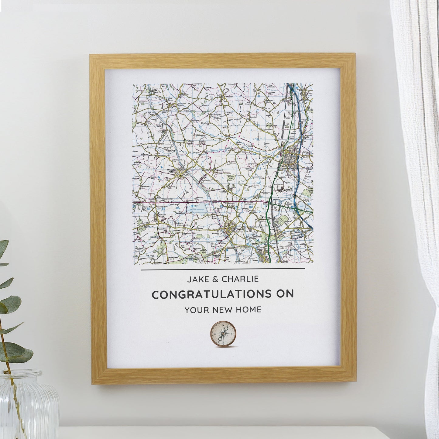 Personalised Present Day Map Compass Framed Prints: 1 - Oak - Framed Prints By Gift Moments