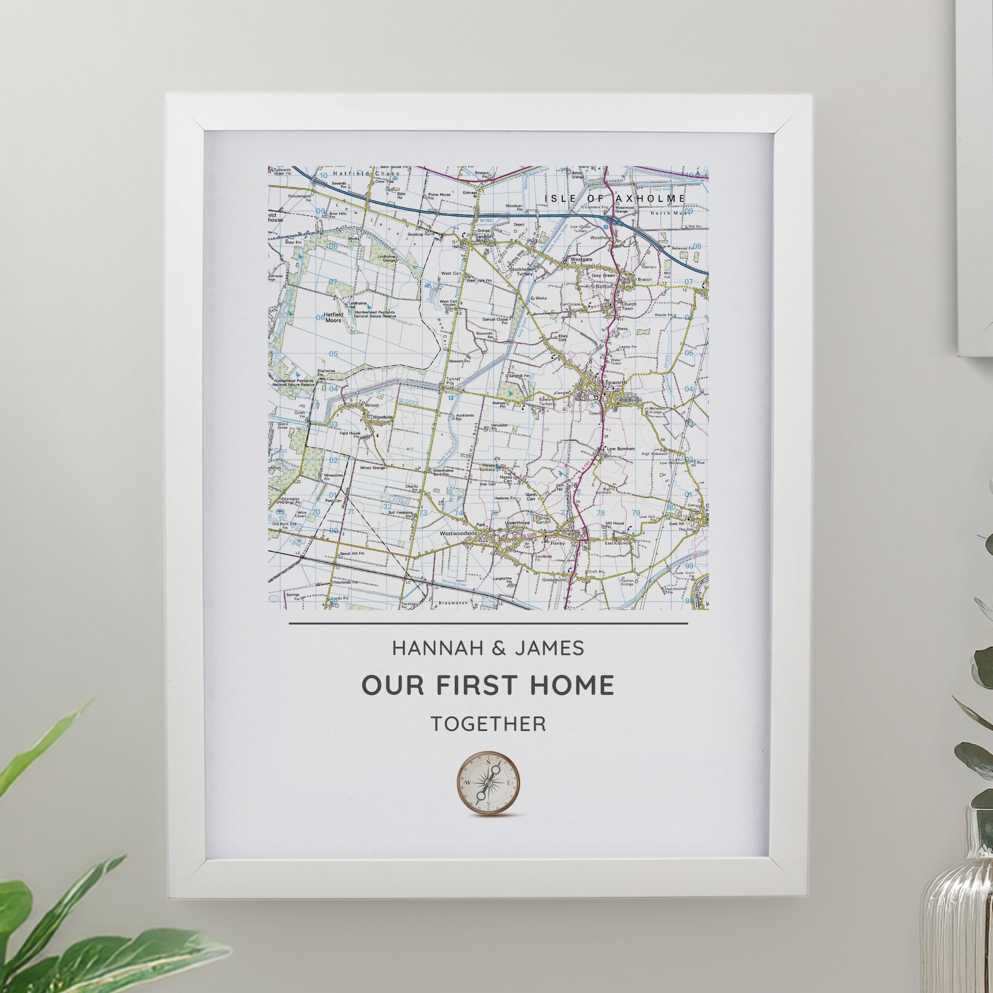 Personalised Present Day Map Compass Framed Prints: 3 - White - Framed Prints By Gift Moments