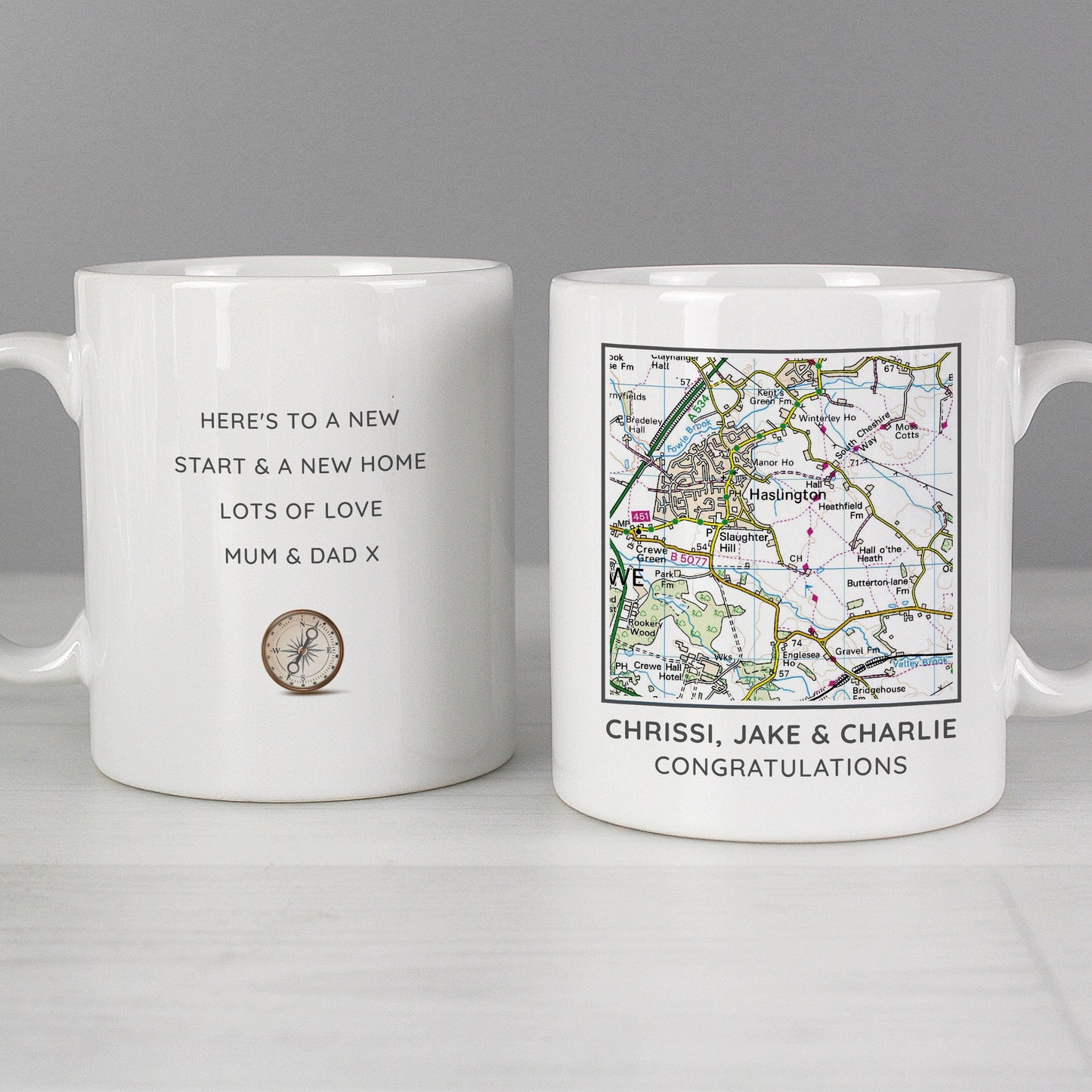 Personalised Present Day Map Compass Mug: 2 - Mugs By Gift Moments
