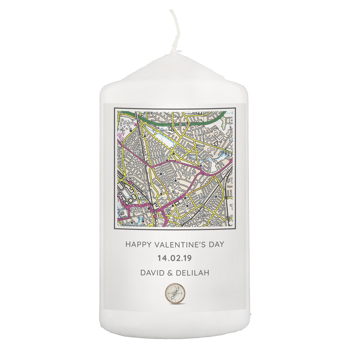 Personalised Present Day Map Compass Pillar Candle: 2 - Candles By Gift Moments
