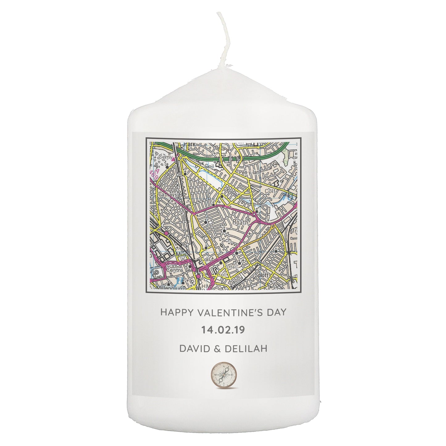 Personalised Present Day Map Compass Pillar Candle: 2 - Candles By Gift Moments