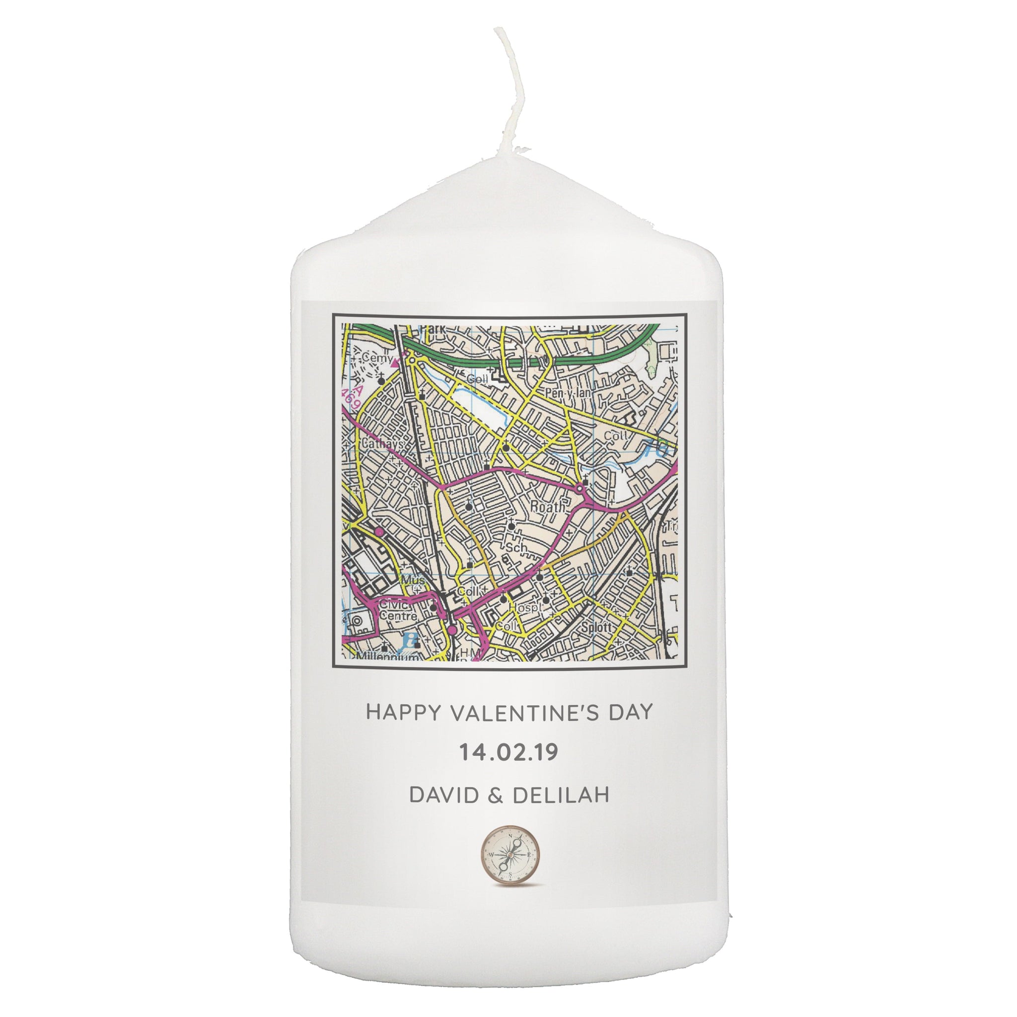 Personalised Present Day Map Compass Pillar Candle: 2 - Candles By Gift Moments