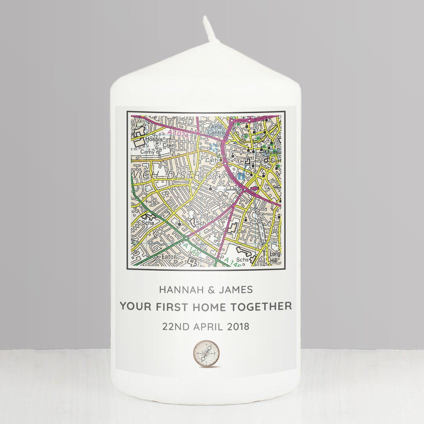 Personalised Present Day Map Compass Pillar Candle: 1 - Candles By Gift Moments