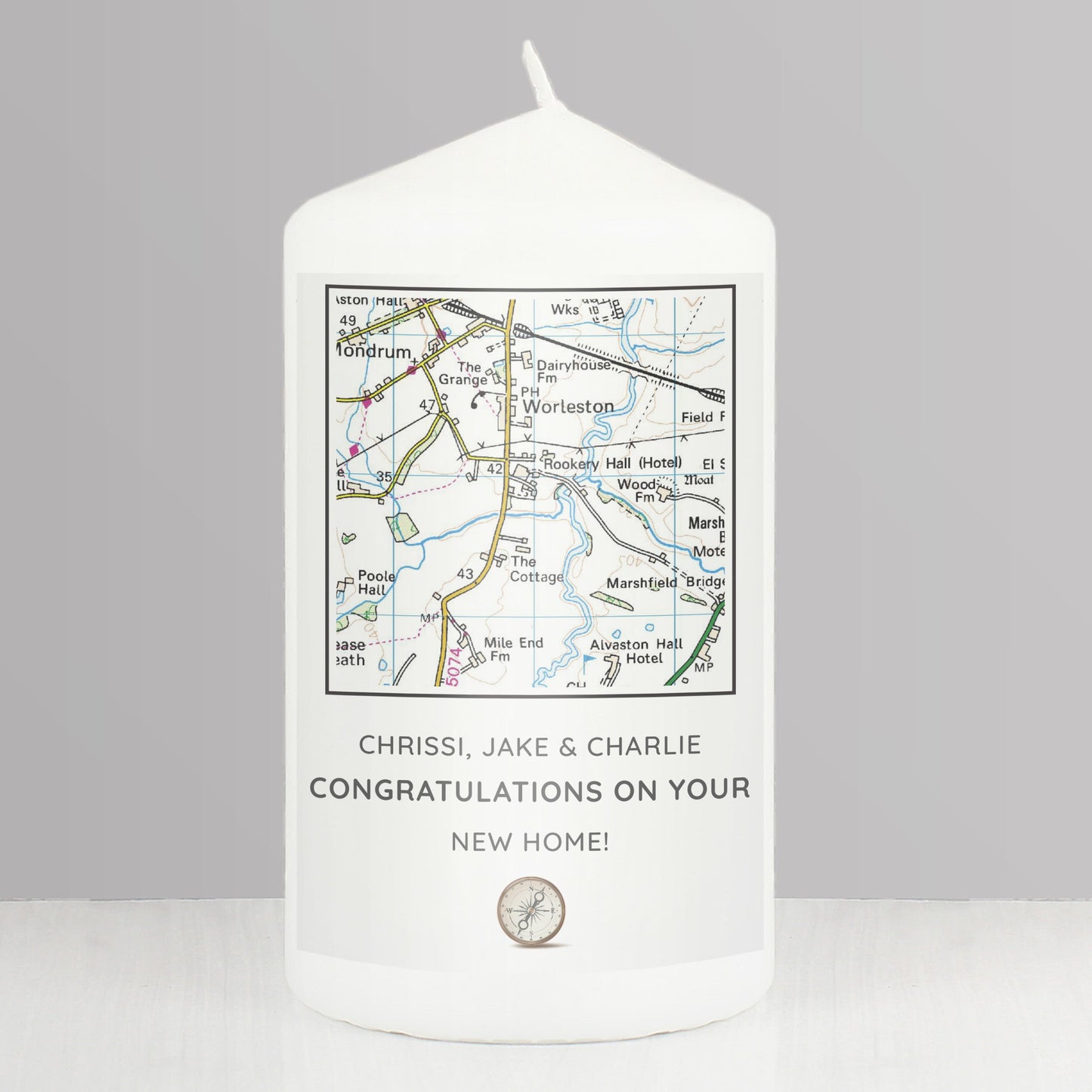 Personalised Present Day Map Compass Pillar Candle: 3 - Candles By Gift Moments