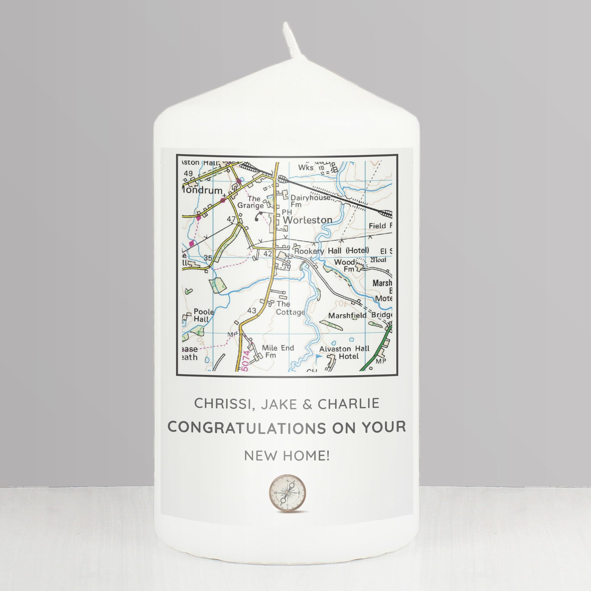 Personalised Present Day Map Compass Pillar Candle: 3 - Candles By Gift Moments