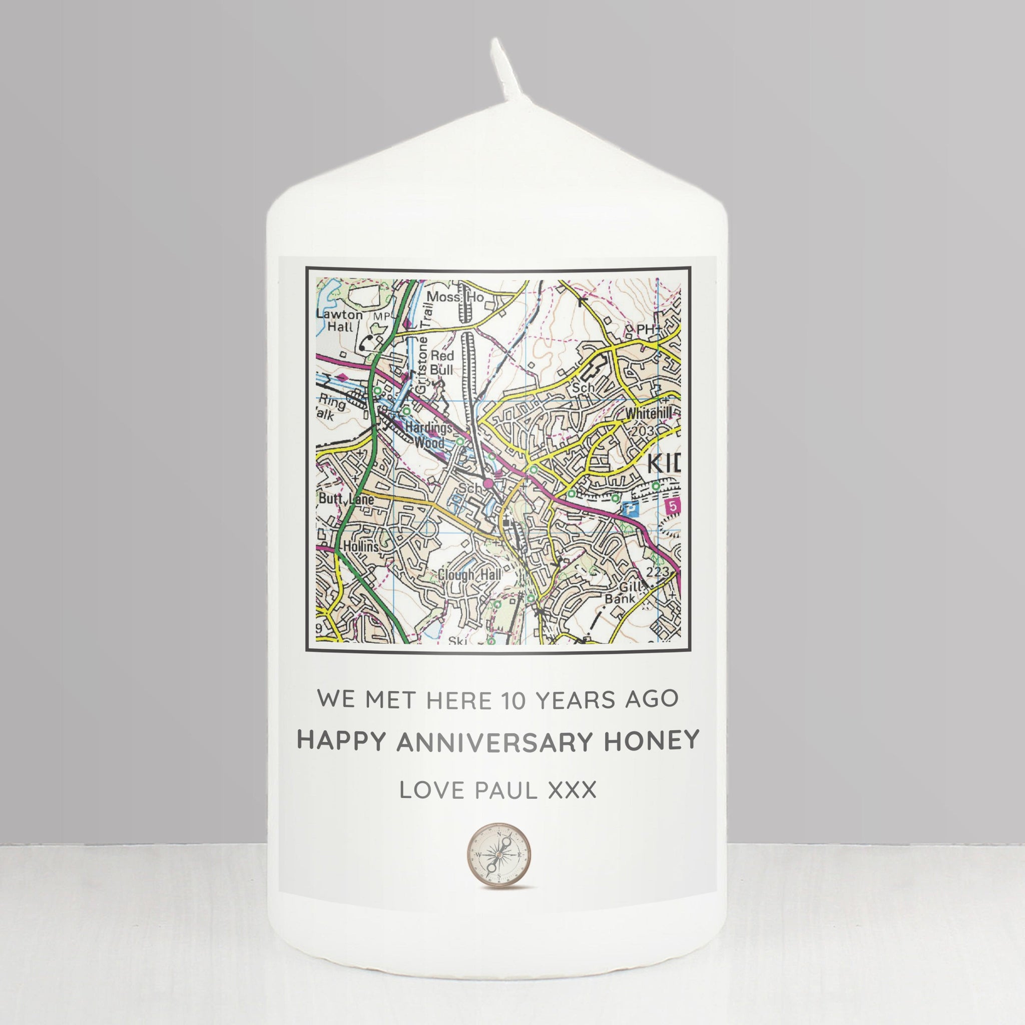 Personalised Present Day Map Compass Pillar Candle: 4 - Candles By Gift Moments