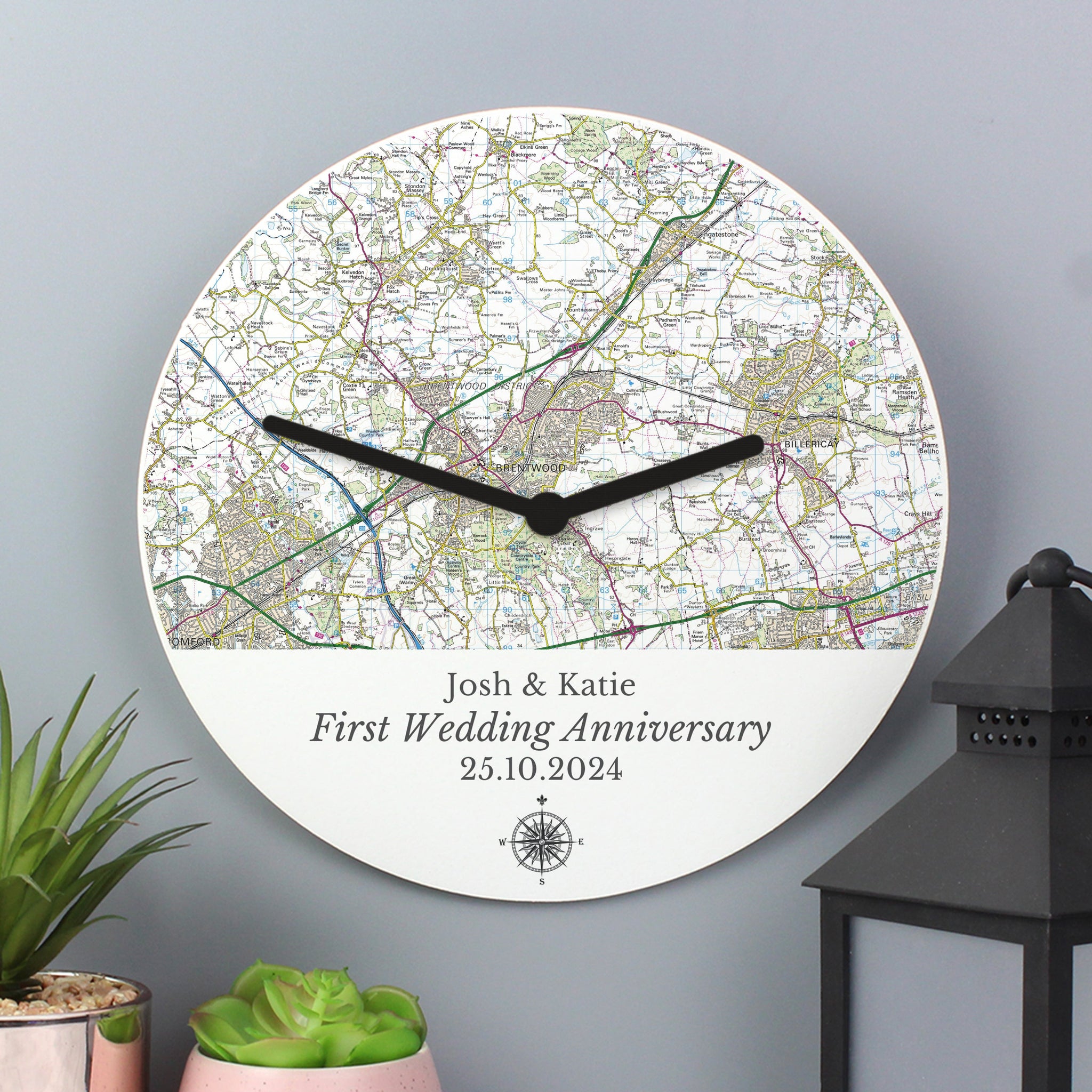 Personalised Present Day Map Compass Wall Clock: 2 - Clocks By Gift Moments