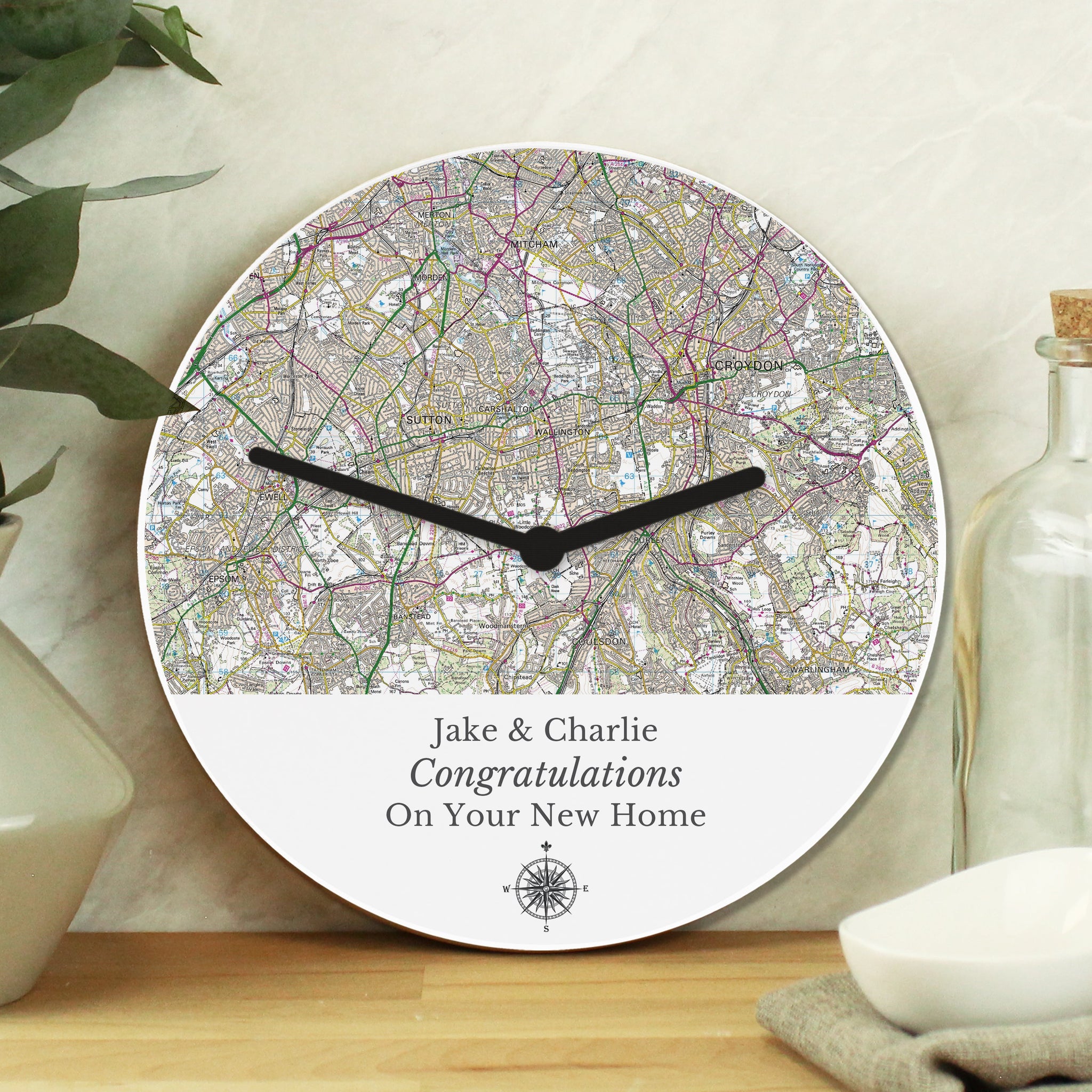 Personalised Present Day Map Compass Wall Clock: 1 - Clocks By Gift Moments