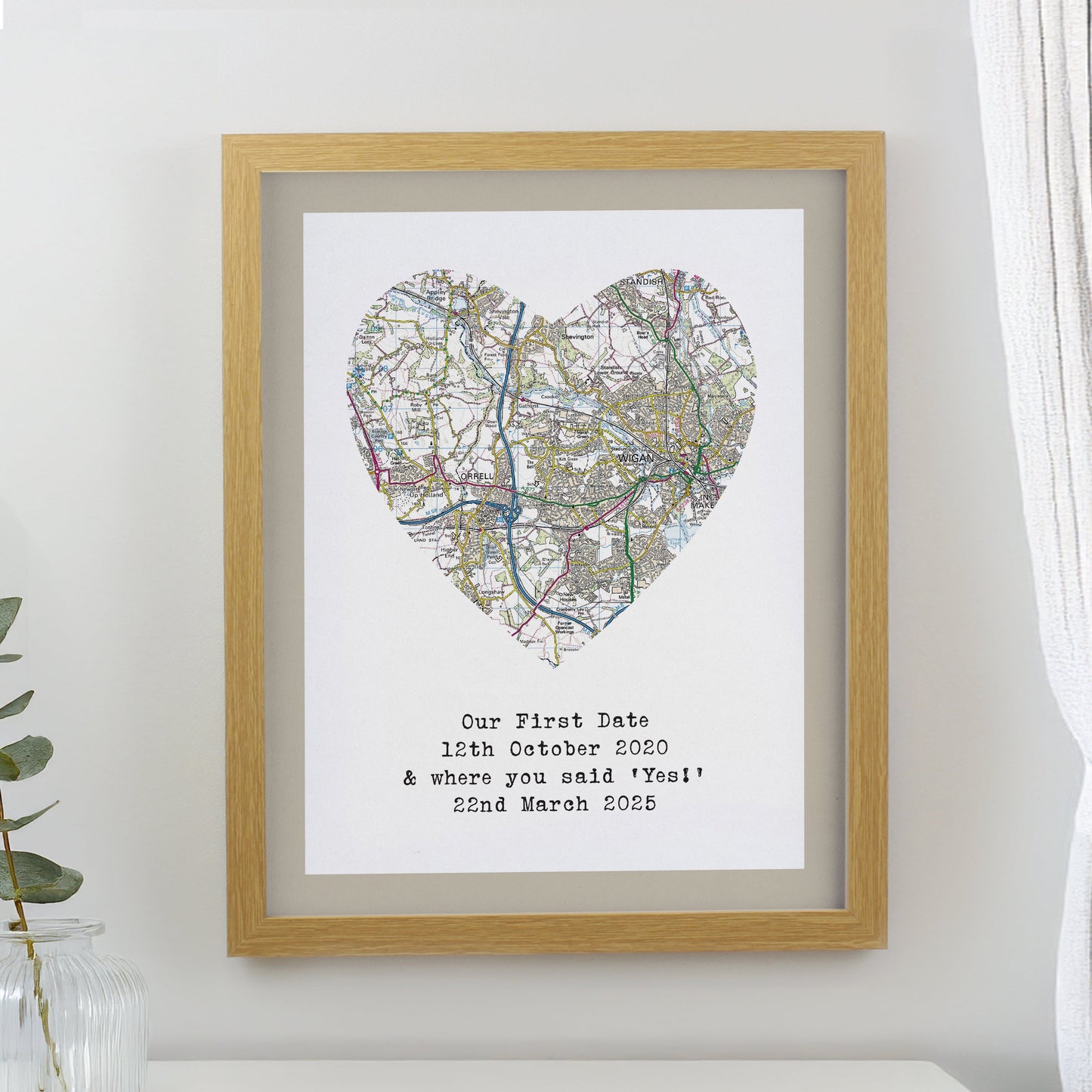 Personalised Present Day Map Heart Framed Prints: 1 - Oak - Framed Prints By Gift Moments