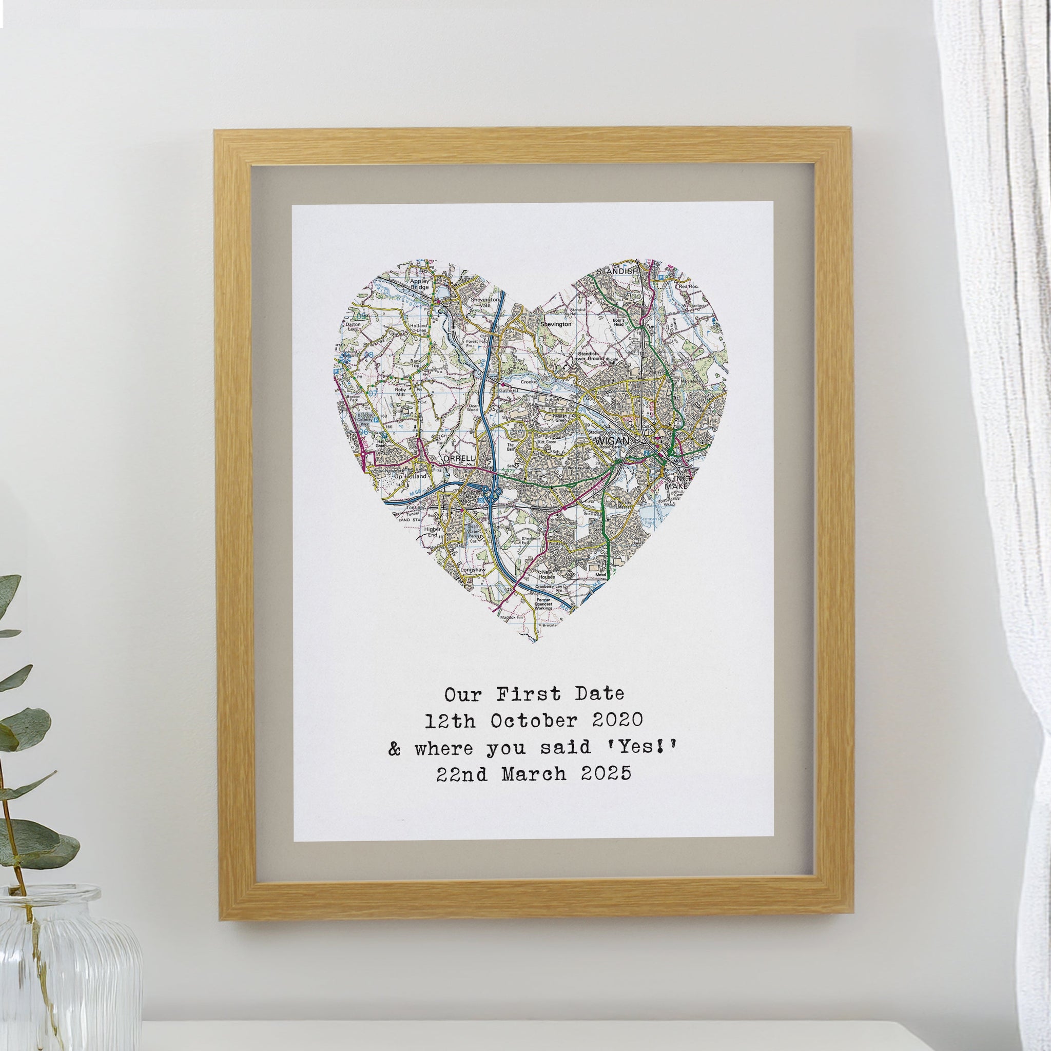 Personalised Present Day Map Heart Framed Prints: 1 - Oak - Framed Prints By Gift Moments