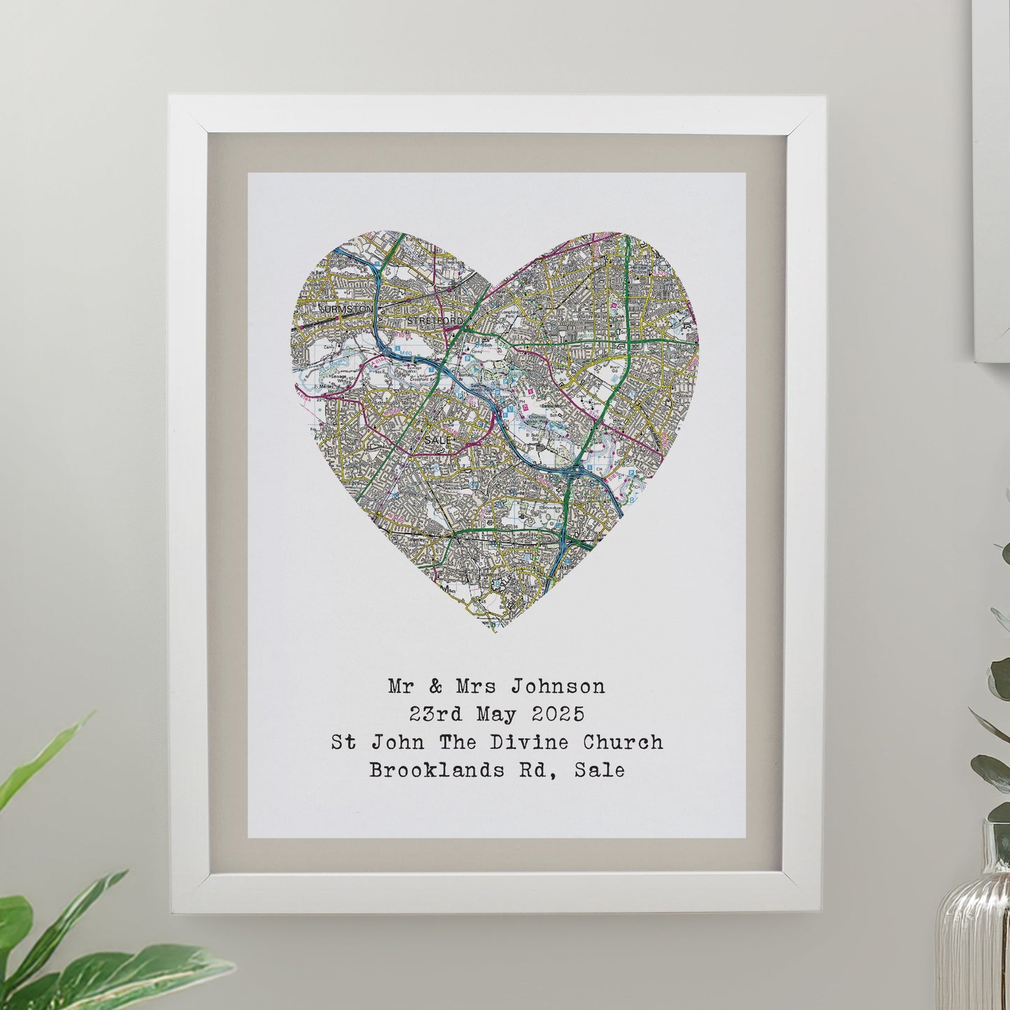 Personalised Present Day Map Heart Framed Prints: 3 - White - Framed Prints By Gift Moments