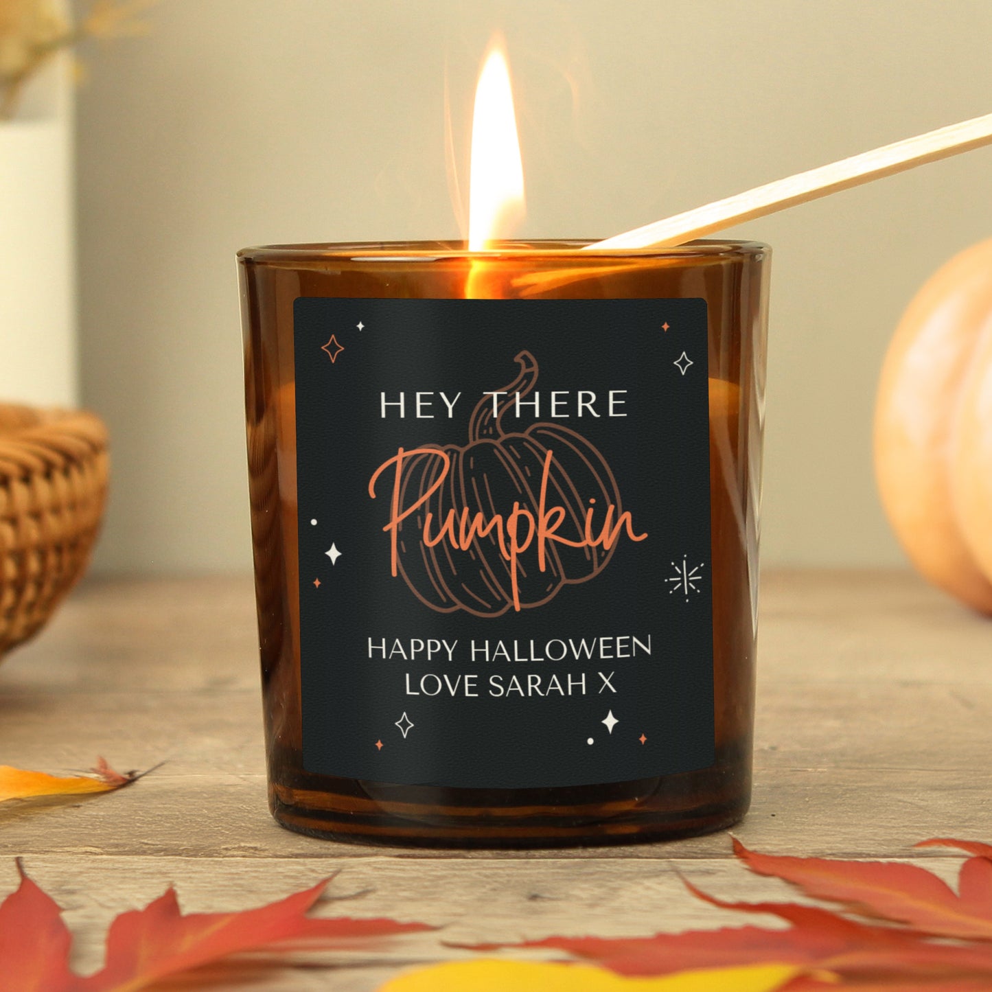 Personalised Pumpkin Amber Glass Candle: 3 - Candles By Gift Moments