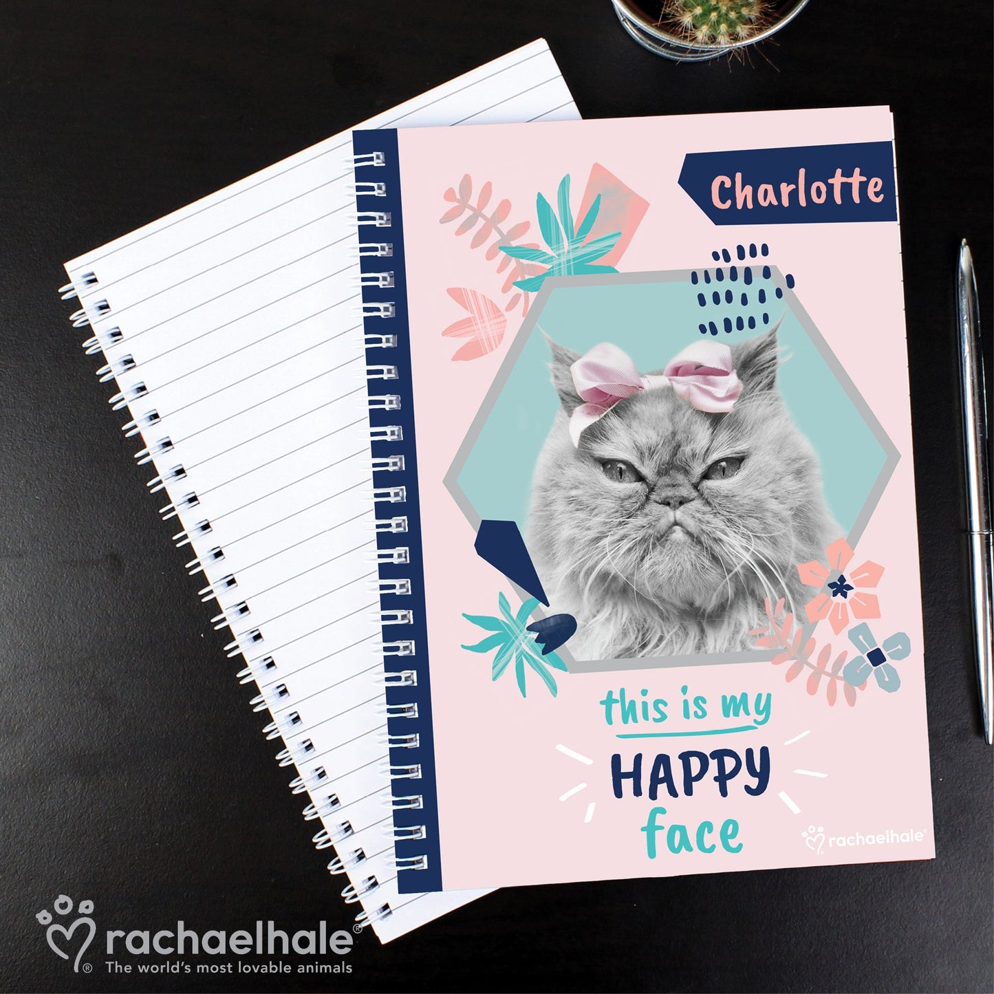 Personalised Rachael Hale ’Happy Face’ Cat A5 Notebook: 5 - Notebooks By Rachael Hale