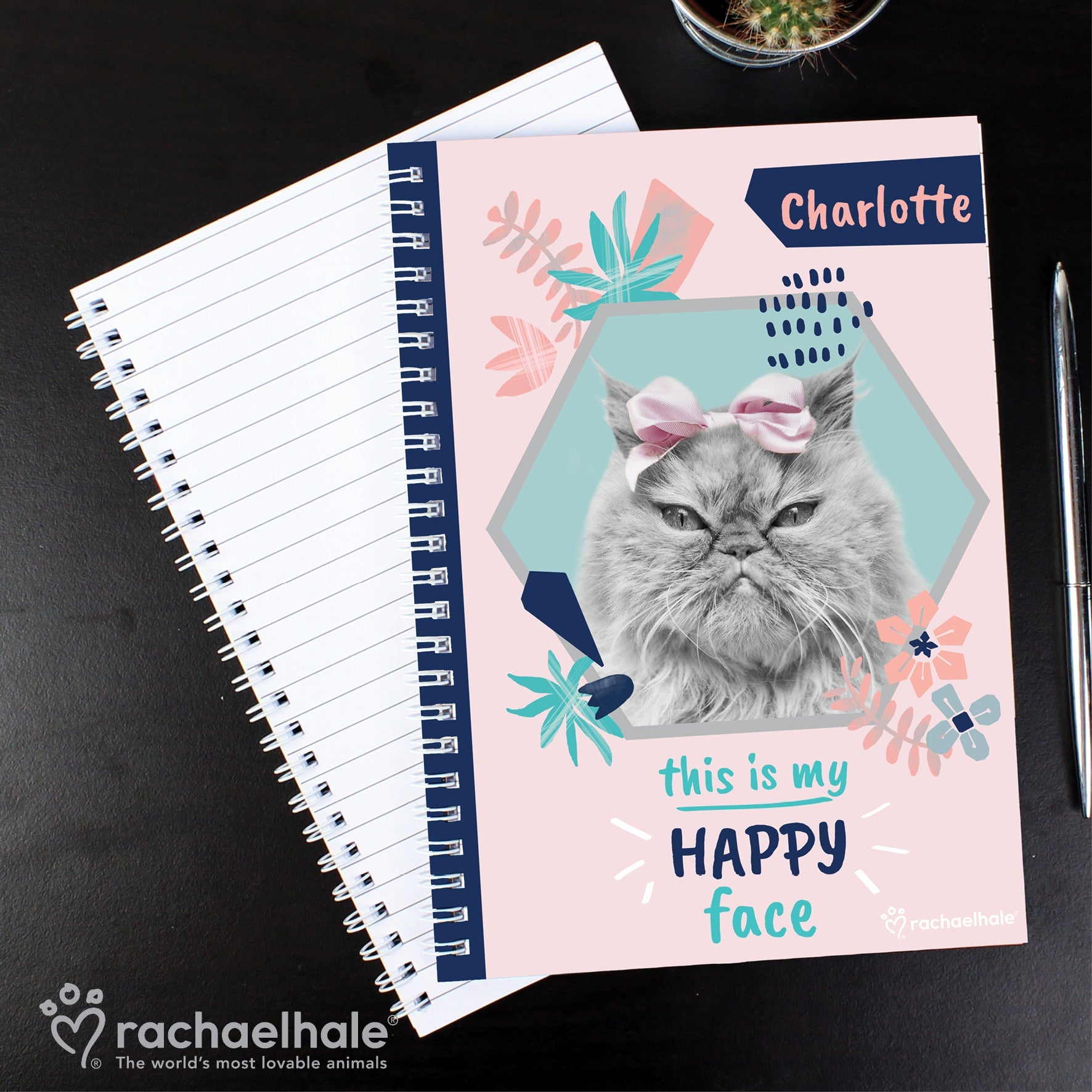 Personalised Rachael Hale ’Happy Face’ Cat A5 Notebook: 5 - Notebooks By Rachael Hale