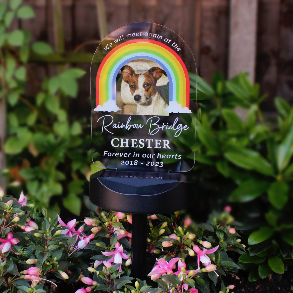 Personalised Rainbow Bridge Pet Memorial Outdoor Solar Light: 3 Solar Lights By Gift Moments