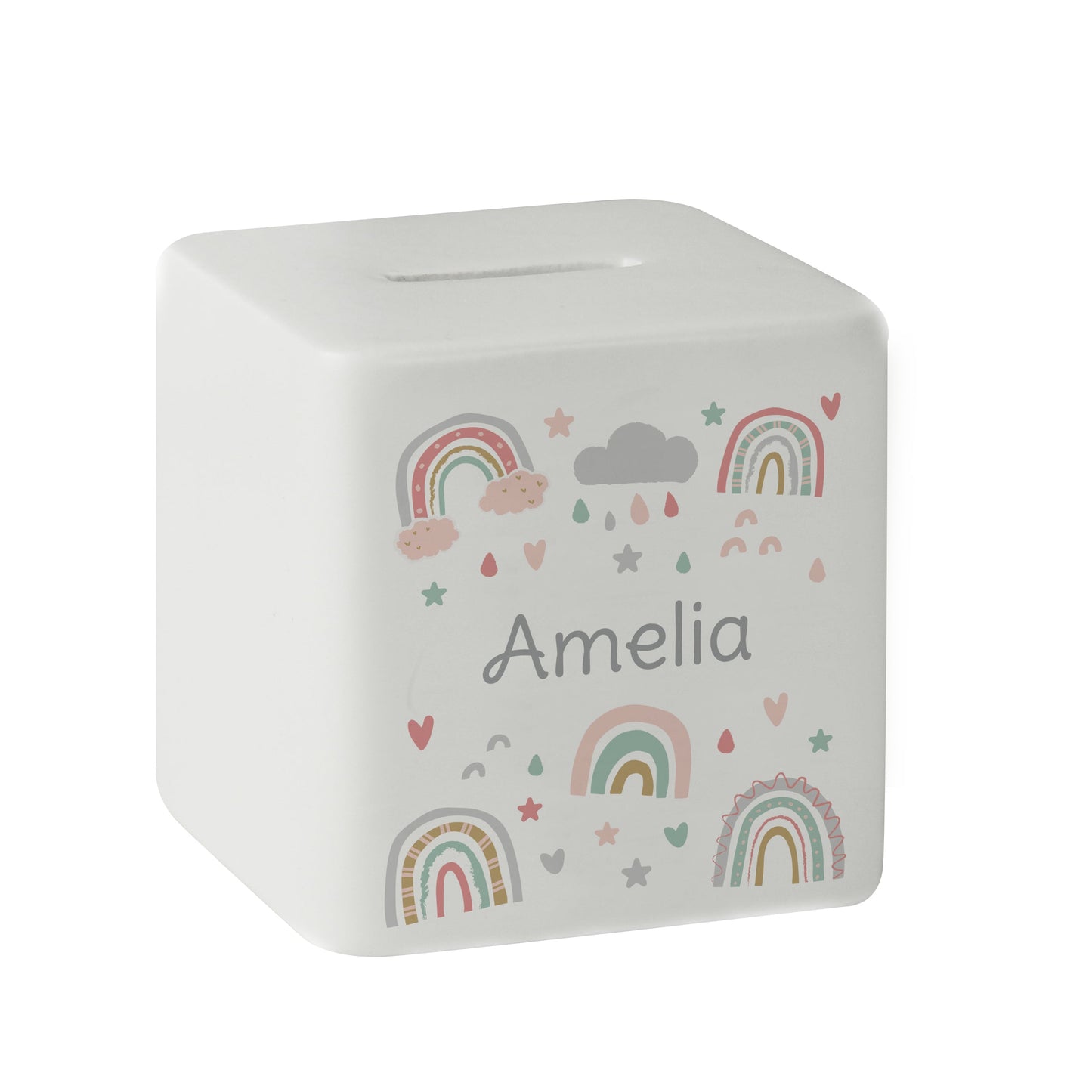 Personalised Rainbow Ceramic Square Money Box: 5 - Money Boxes By Gift Moments